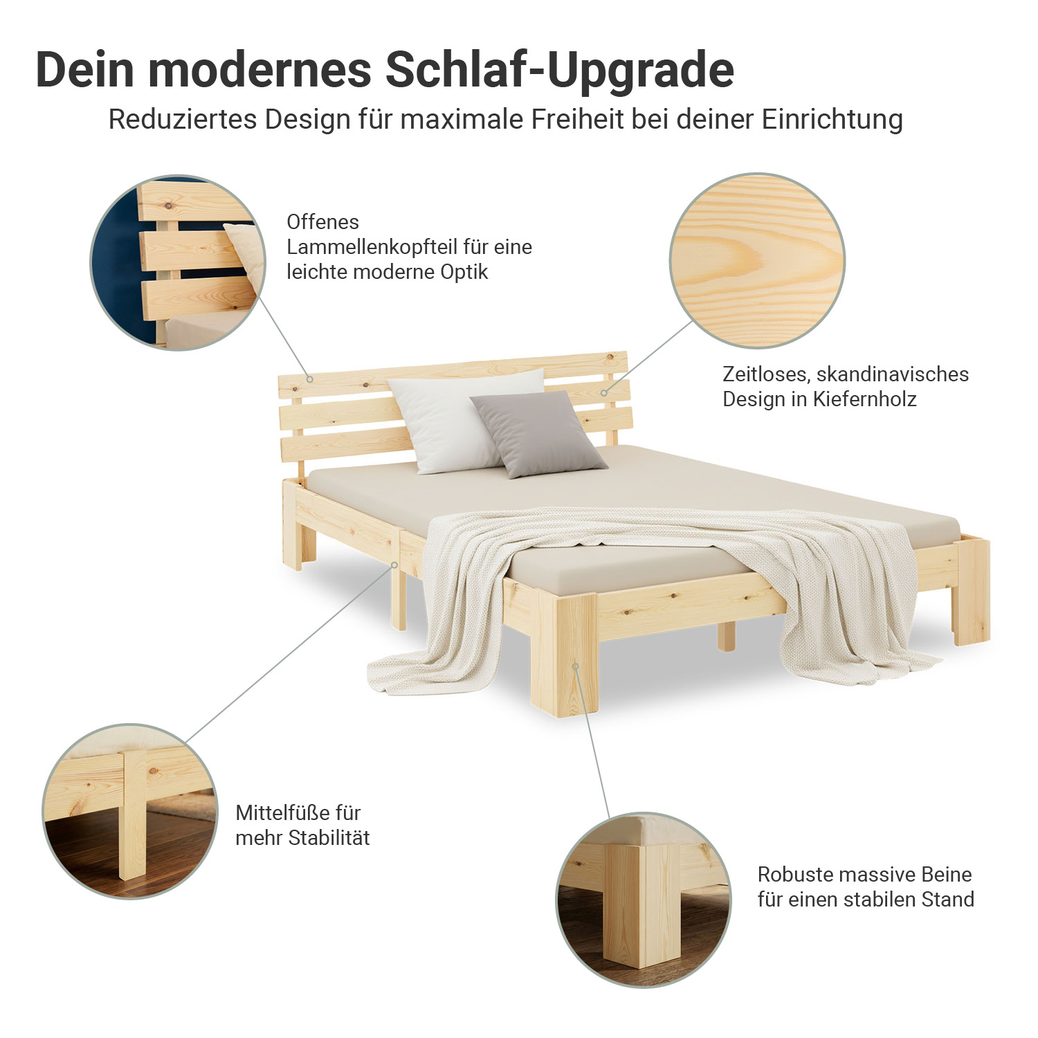 Double Bed with Mattress and Slatted Frame 120x200 Bed Nature Solid Pine Wooden Bed Futon Bed