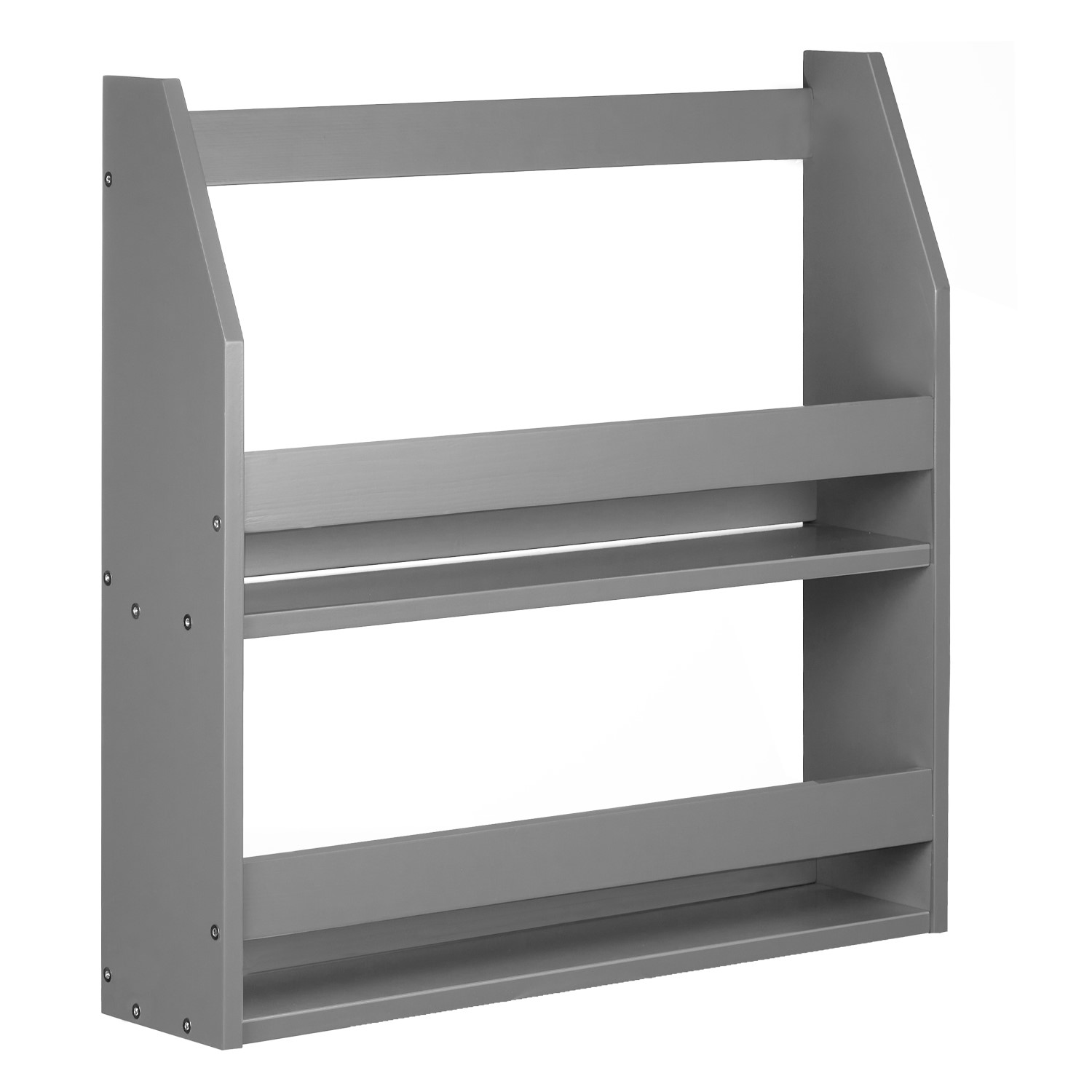 Wandregal in Grau mit Holzelementen. Das graue Wandregal hängt über einer Holzarbeitsplatte vor einer dunkelgrauen Küchenwand. Pflanzen, Becher, Bücher und kleine Früchte stehen in den offenen Fächern.