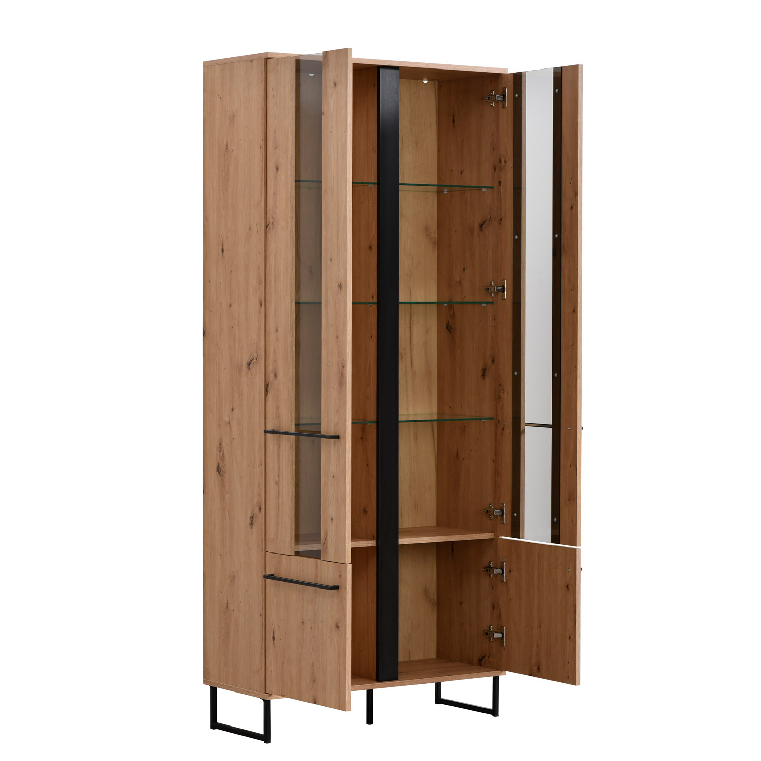 Showcase Highboard Cabinet with compartments Living room cabinet Wood Natural Skid feet Black