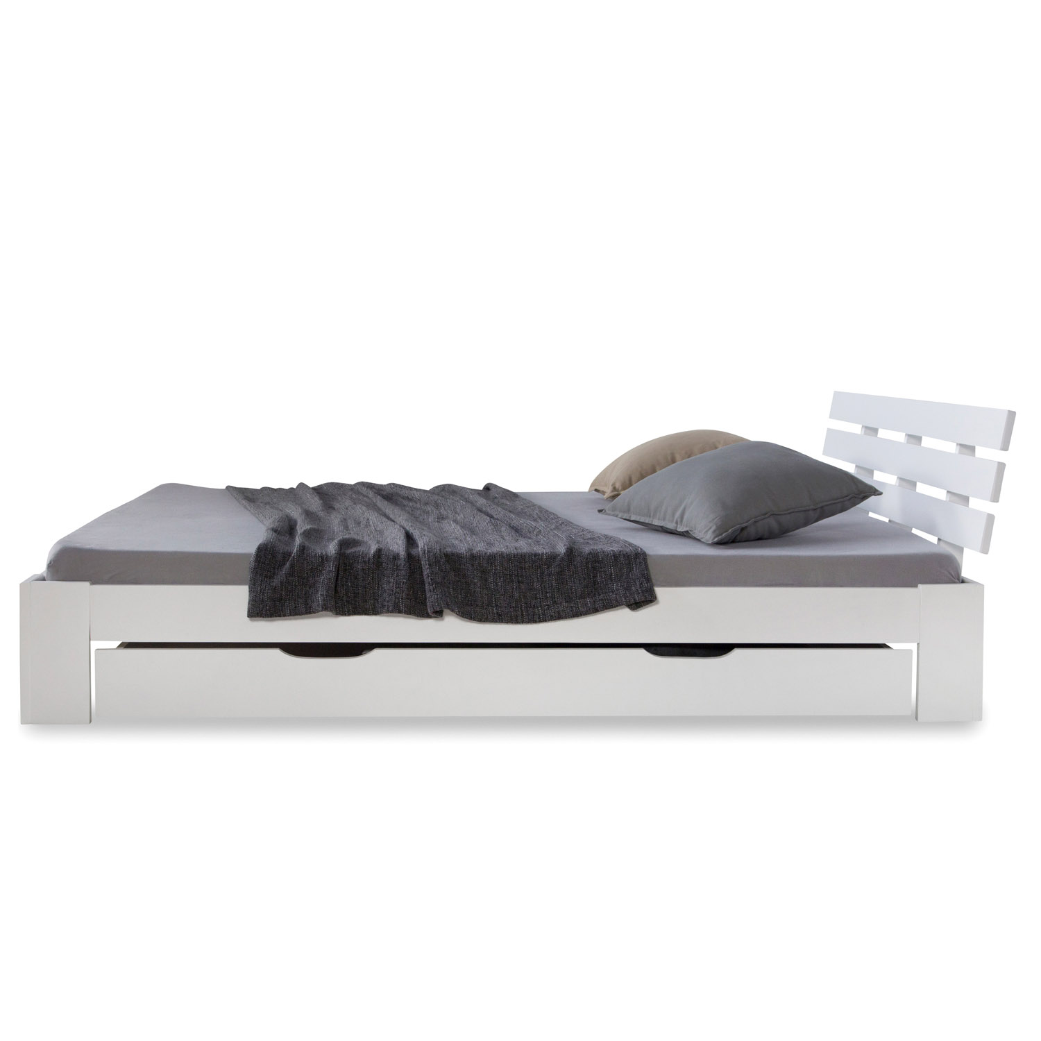 Wood Bed 140x200 cm White | Double Bed with Storage Drawer | with Slatted Frame | Solid | Kids Youth Guest Bedroom