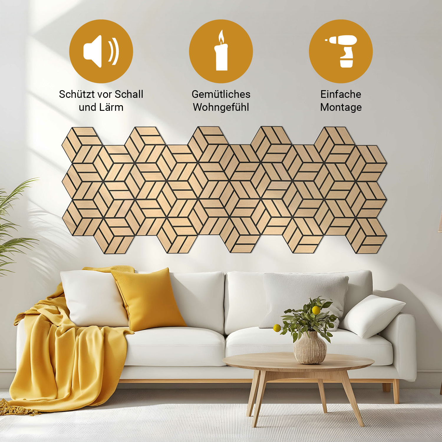 Acoustic Panels Wall Panels Hexagon Honeycomb 30 x 26 cm Natural Oak | Wood | 4-piece Set | 3D