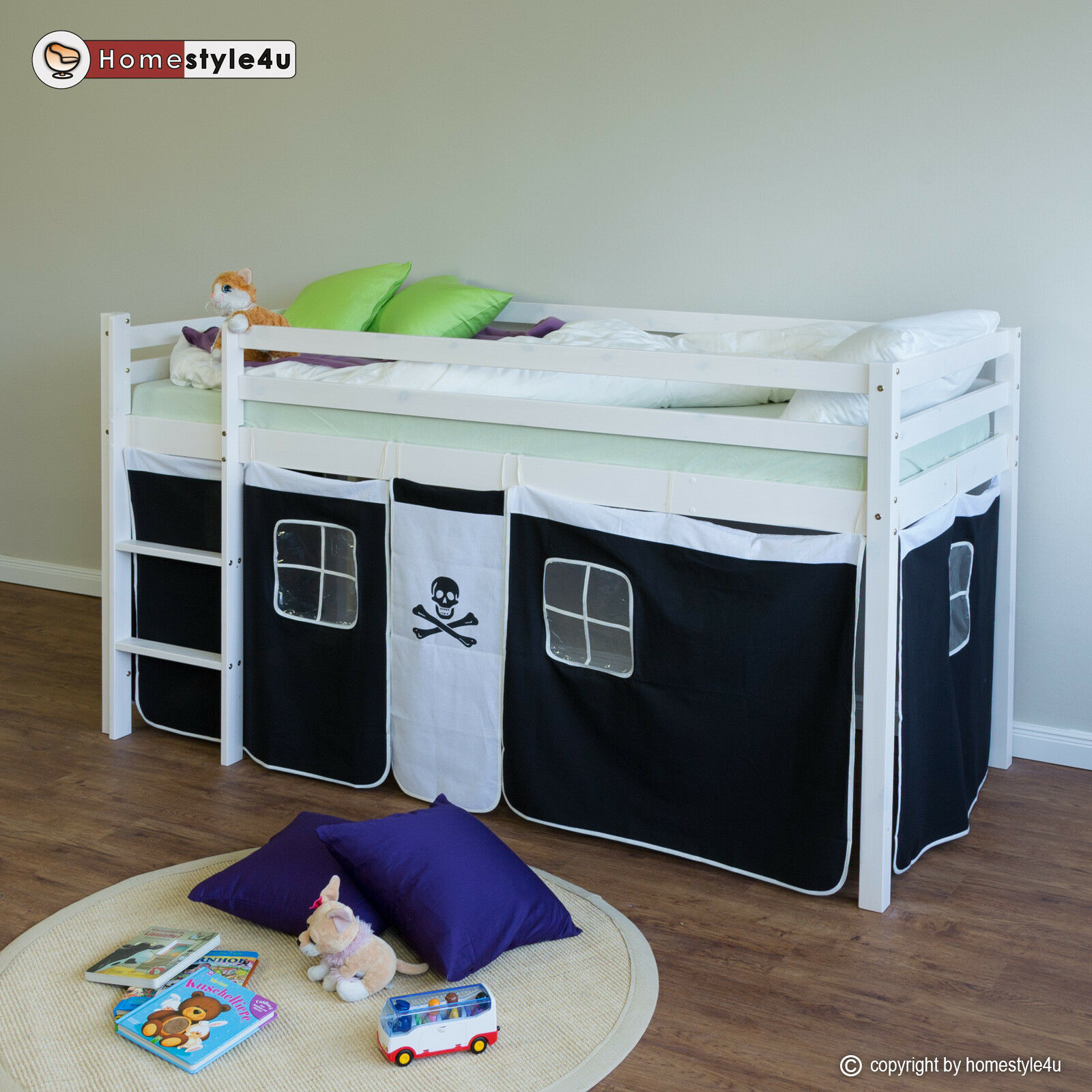 Loft Bed Kids 90x200 cm White with Curtain Black | without Slatted Frame
