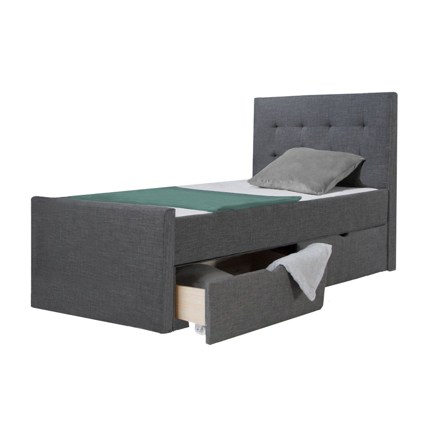 Upholstered bed 90x200 cm grey anthracite | with slatted frame | with 2 bed drawers | single fabric bed frame