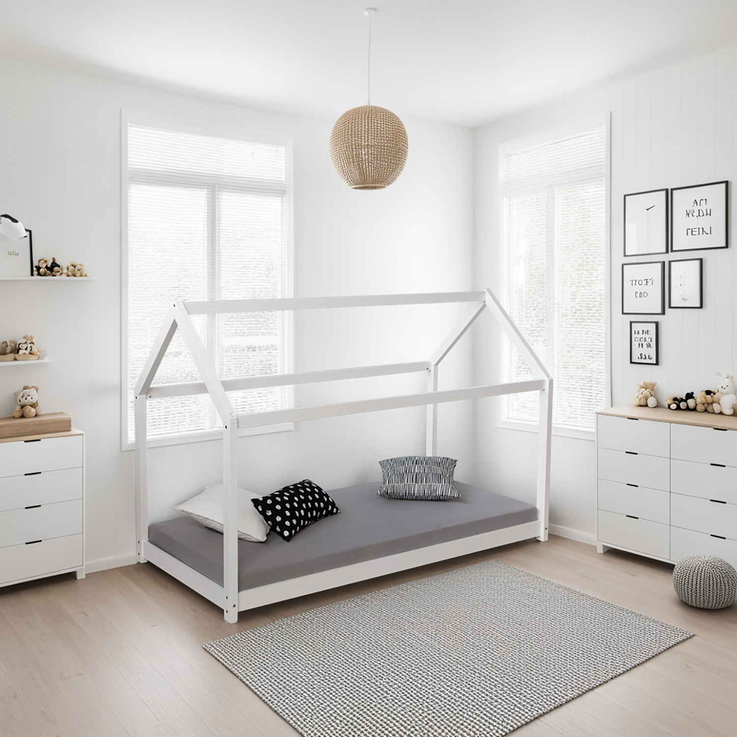 Children's Bed 90x200 cm White | House Bed | Single Bed | with Slatted Frame | Wood | Floor Bed