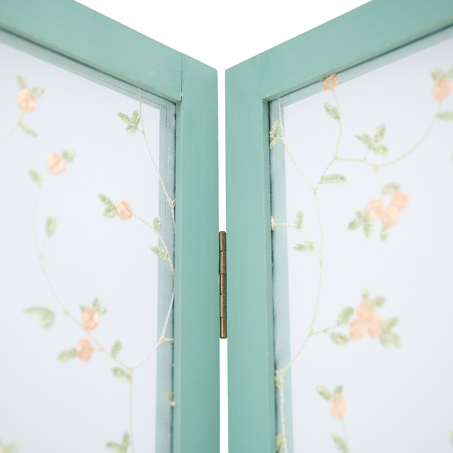 Turquoise Room Divider – 3-panel, country-style with floral pattern & fabric covering