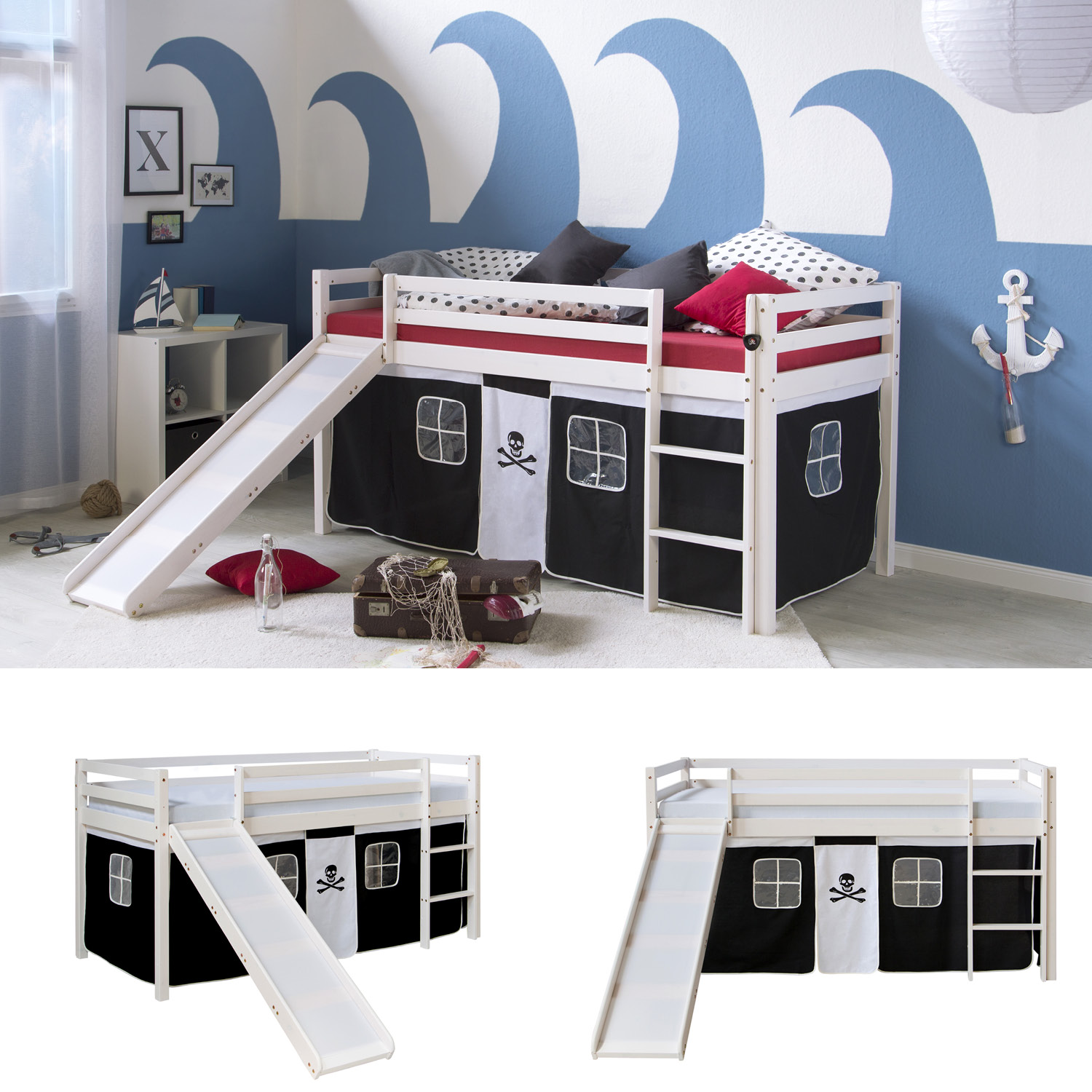 Loft Bed Kids 90x200 cm White with Curtain in Black | Slide | without Slatted Frame