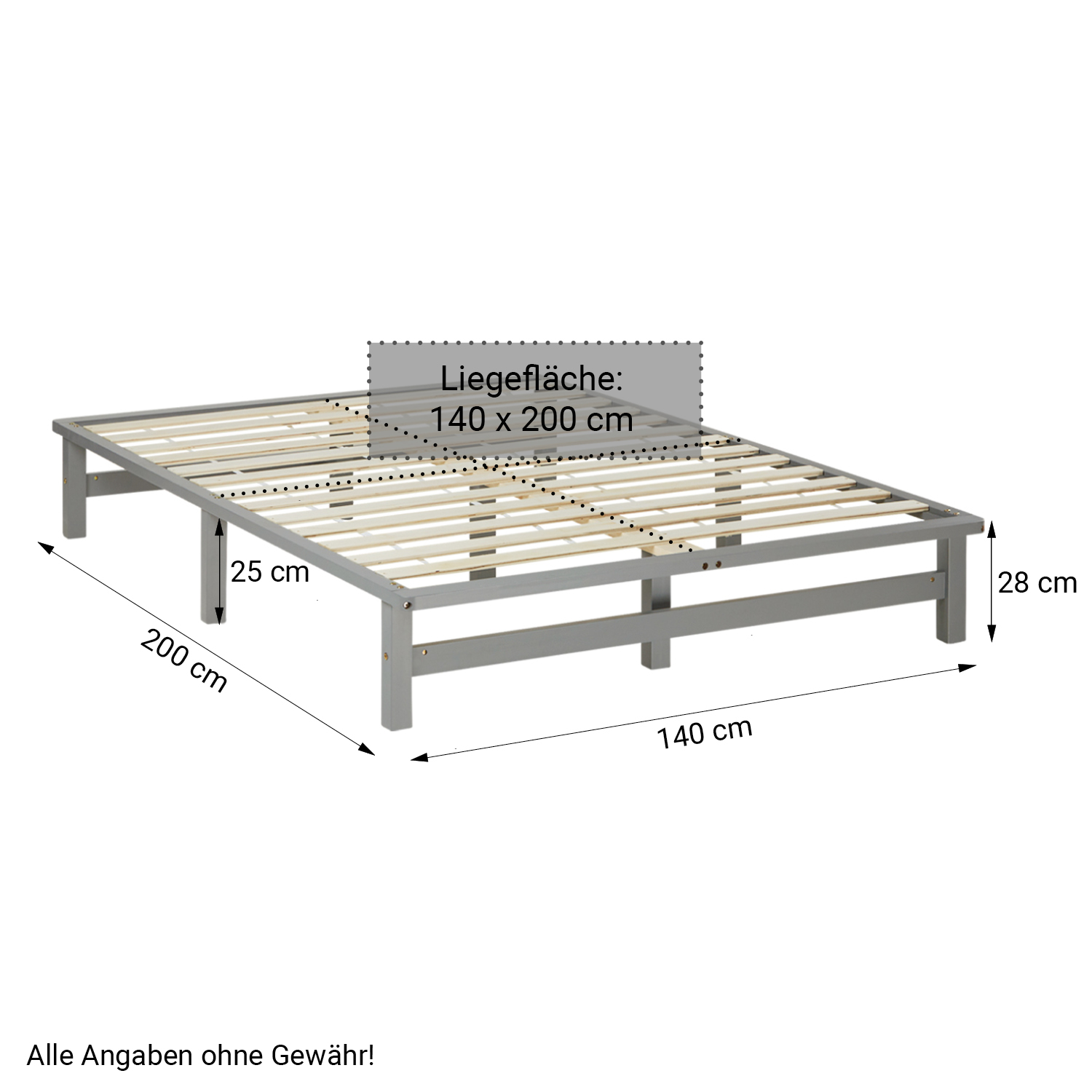 Pallet Bed 140x200 cm Gray | Double Bed | with Slatted Frame | Wood | Kids Youth Guest Bedroom