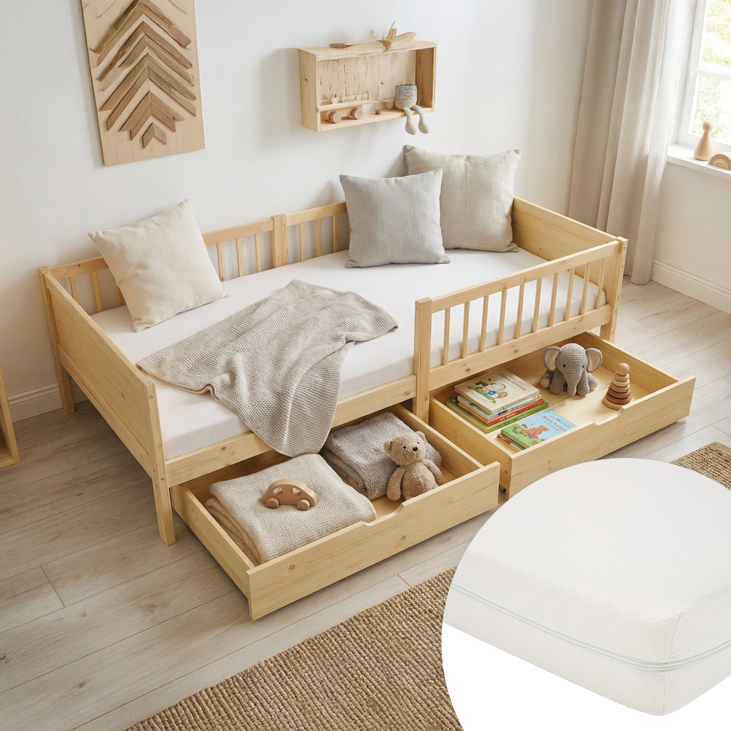 Children's Bed 90x200 cm Natural | Wooden bed with mattress | Single Bed | 2 drawers | Fall Protection