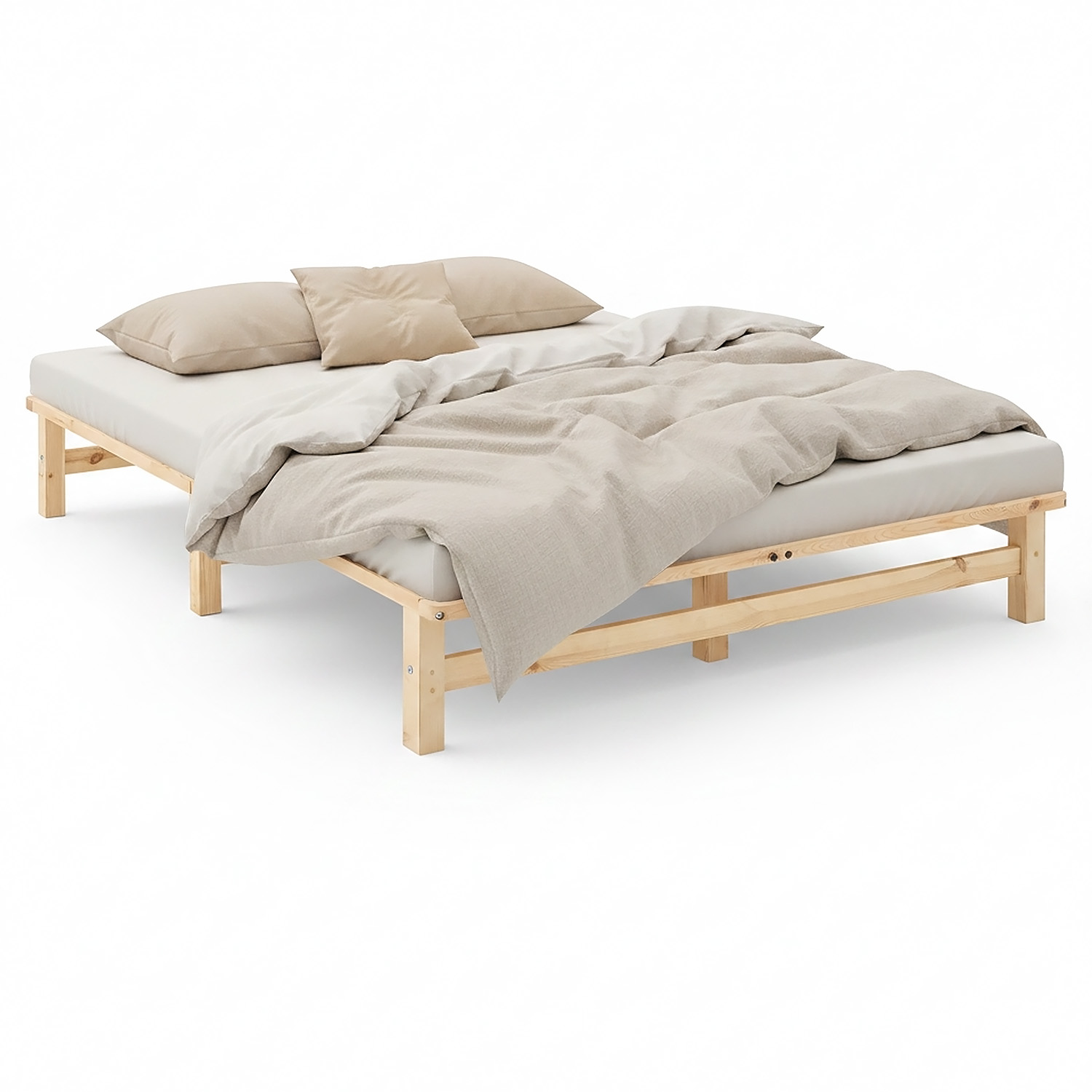160x200 cm Natural Pallet Bed – Wooden Double Bed with Slatted Base for Teen Rooms, Guest Rooms, and Bedrooms