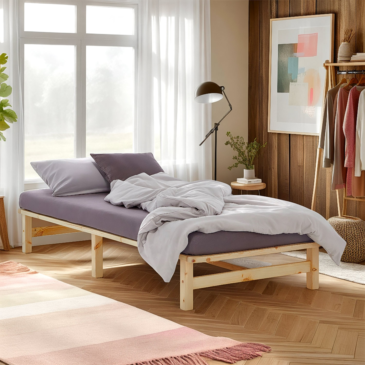100x200 cm Natural Pallet Bed with Slatted Base – Solid Wood Single Bed for Teenagers', Guest, and Master Bedrooms
