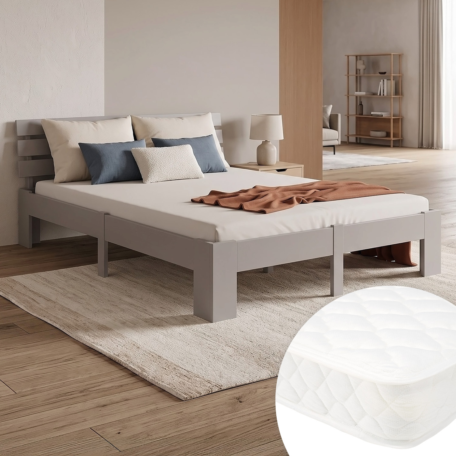 Wood Bed 140x200 cm Grey | Double Bed | with Spring Mattress | Solid | Youth Guest Bedroom