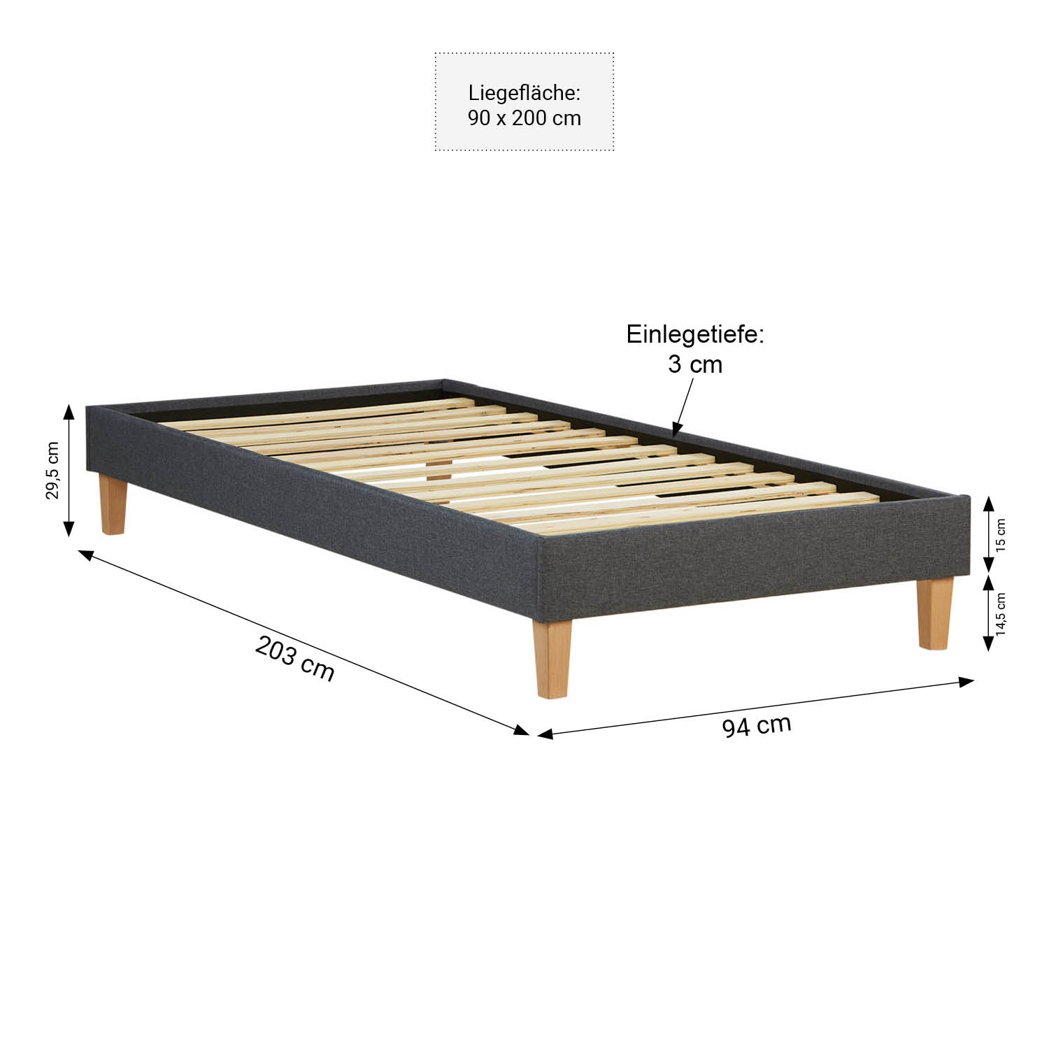 Upholstered bed 90x200 cm grey | futon bed | with slatted frame | single fabric bed frame