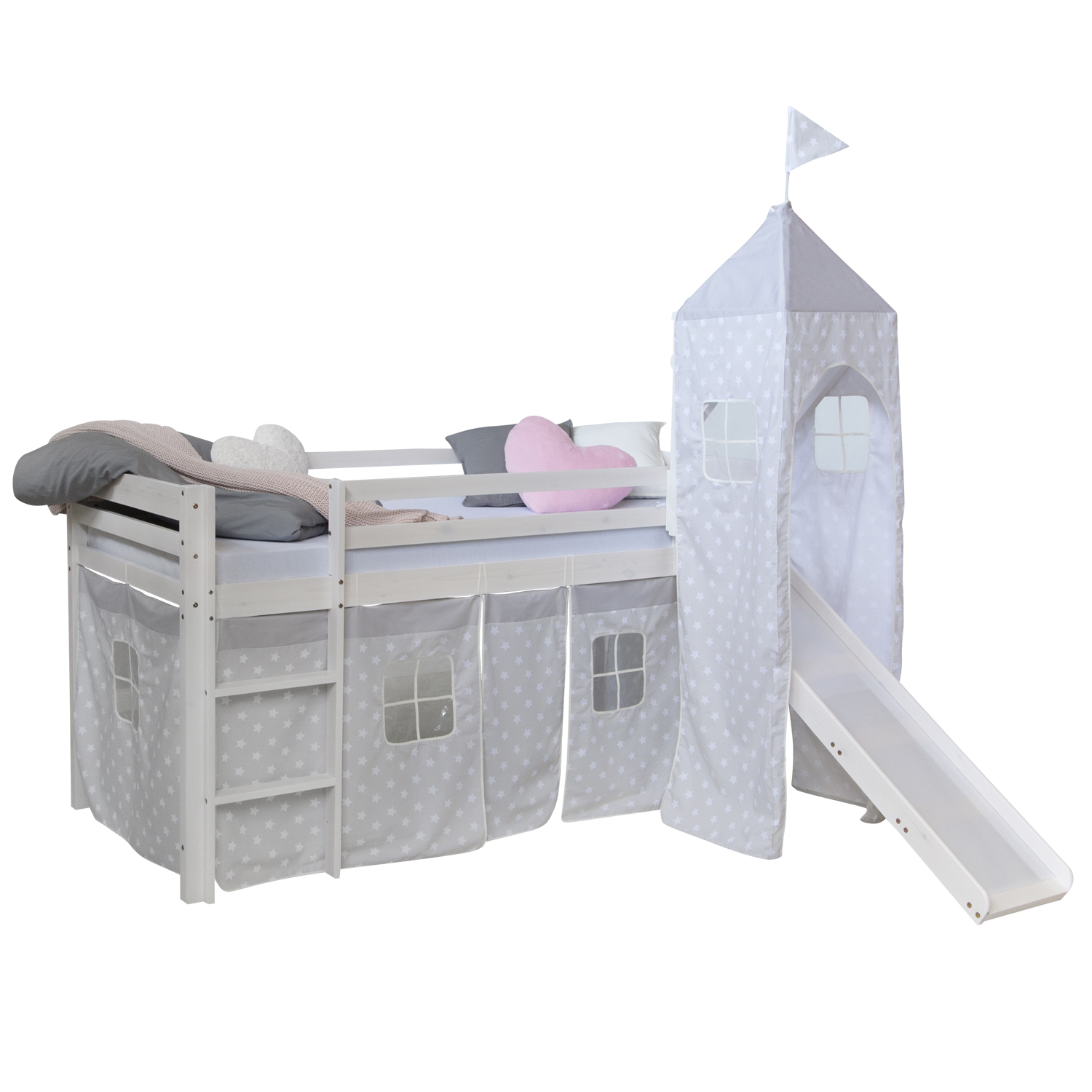 Loftbed 90x200 cm Bunk bed Childrens bed Solid Pine Wood Tower Tunnel Curtain Grey Stars Slide Mattress Slats