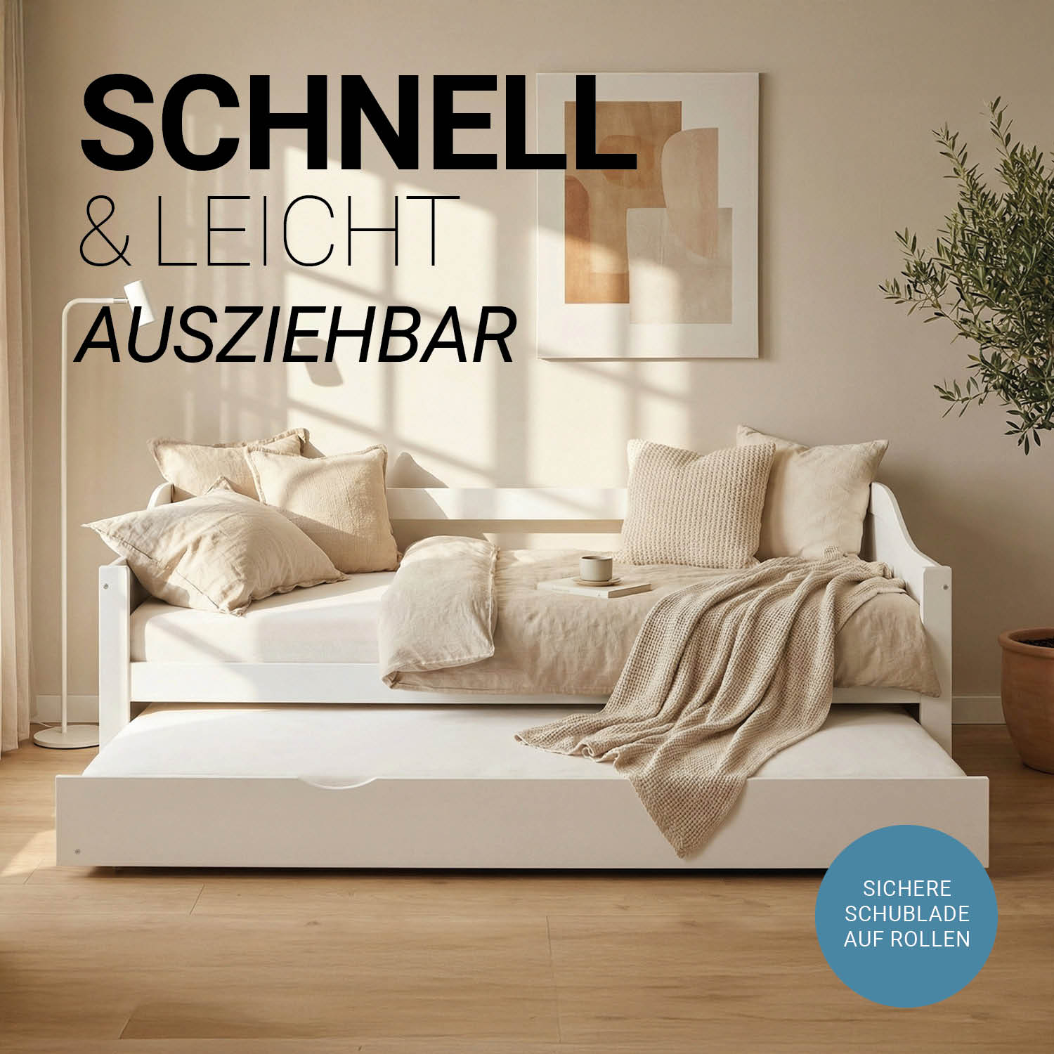 Wooden Bed 90x200 cm White | Extends to a Double Bed | Bunk Bed | With Slatted Base | Pull-Out Bed, Functional Bed, Duo Bed