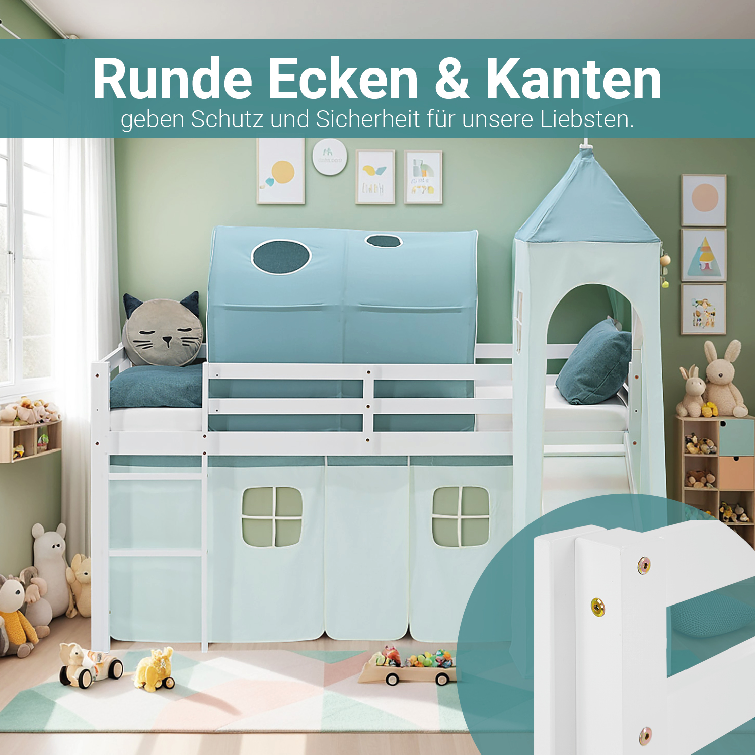 Loft Bed for Kids 90x200 cm White with Curtain in Mint Green | Slide | Tower | Tunnel | with Slatted Frame and Mattress