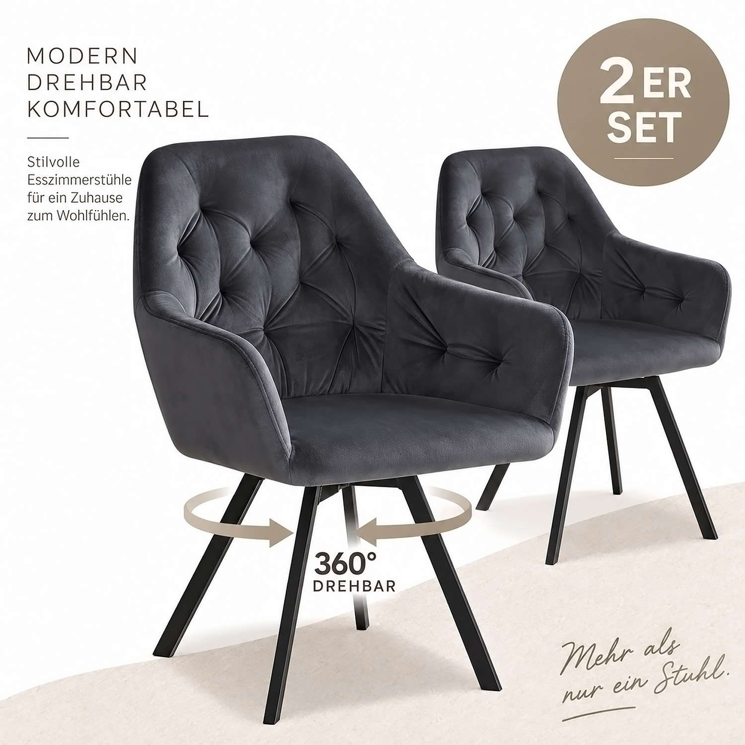 Set of 2 swivel upholstered chairs in gray velvet with armrests – Elegant dining chairs