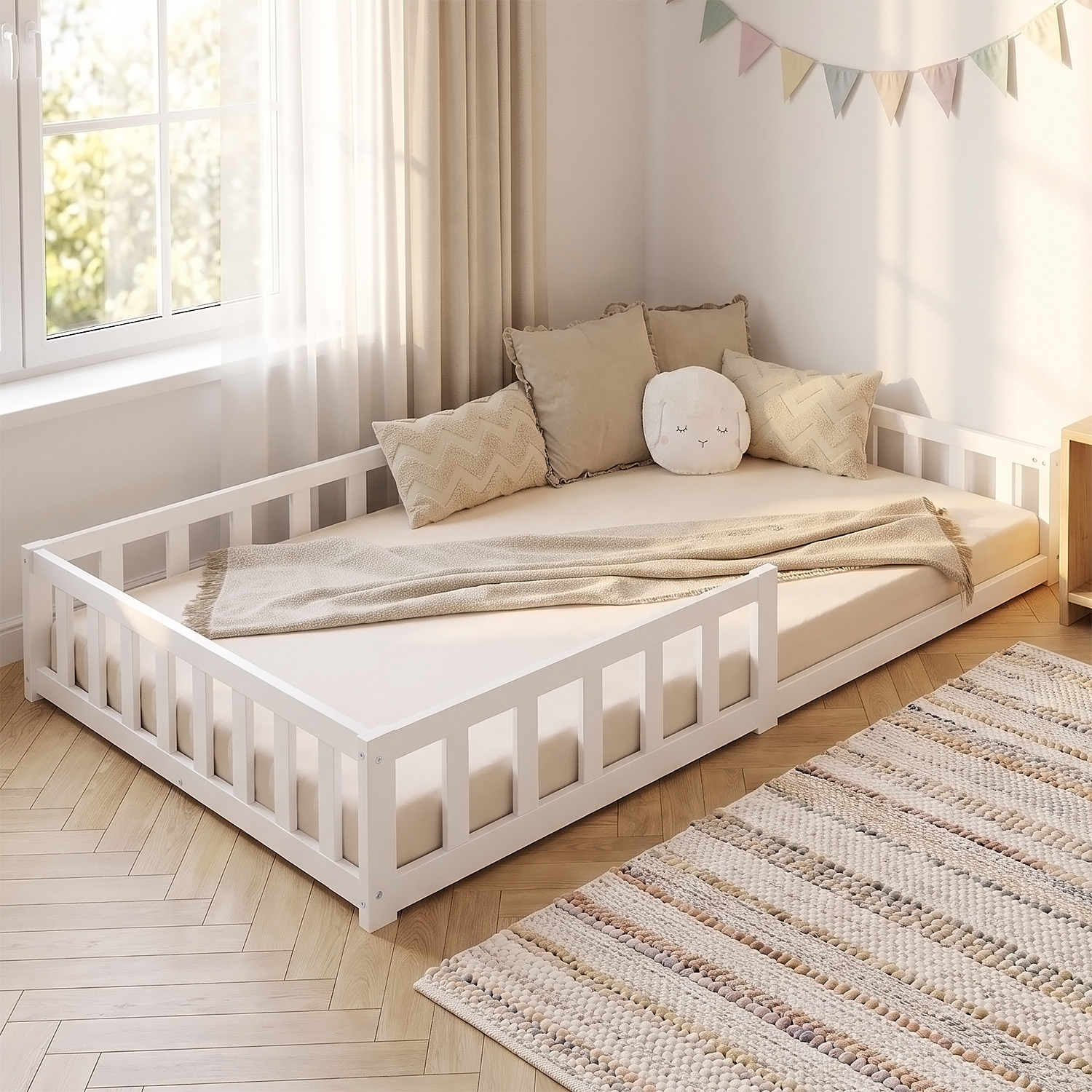 Montessori Crib 120x200 cm White with Safety Rail & Slatted Base – Solid Wood Crib