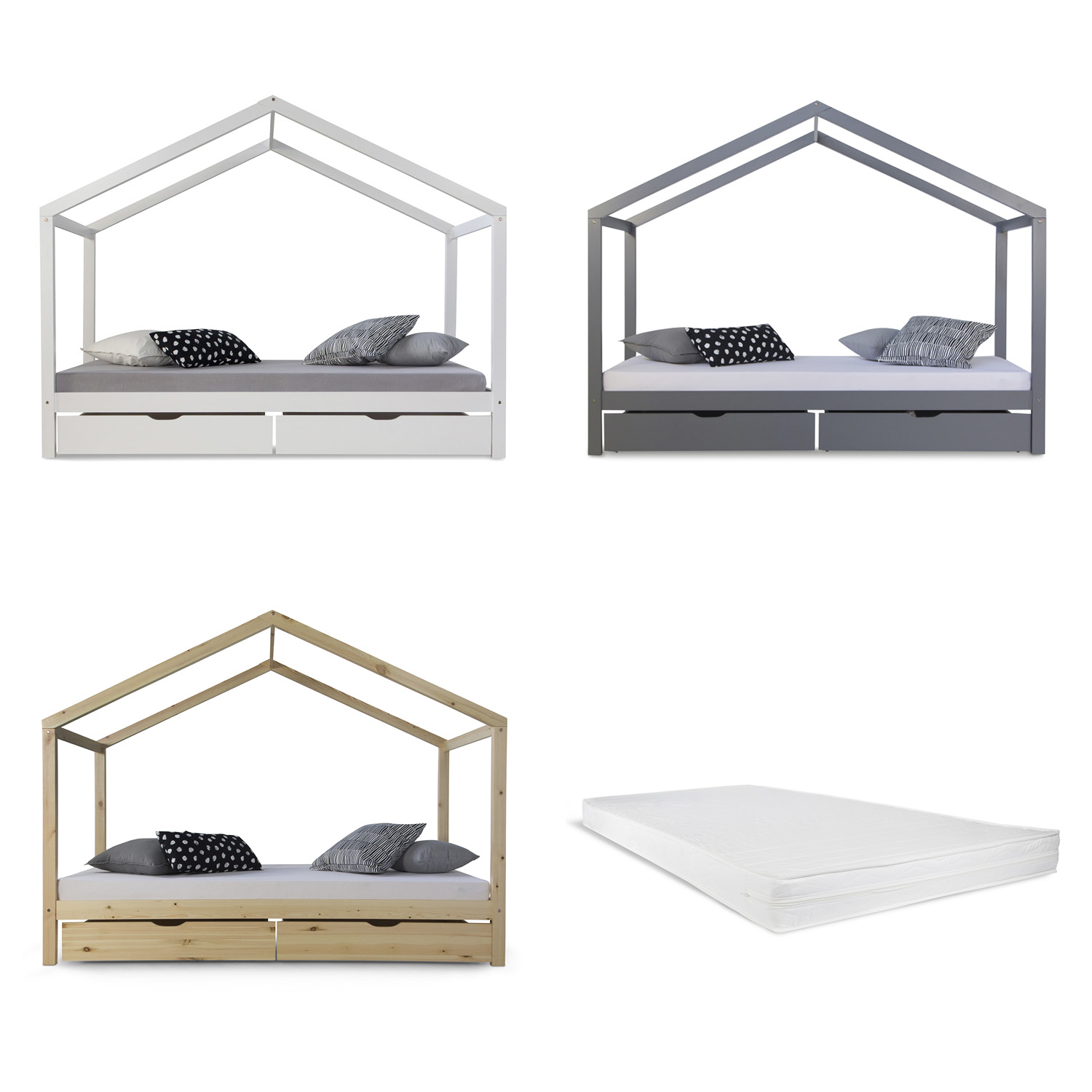 Cot House Bed 90x200 cm + Mattress Children's House Play Bed Wooden Bed Bed Drawer 