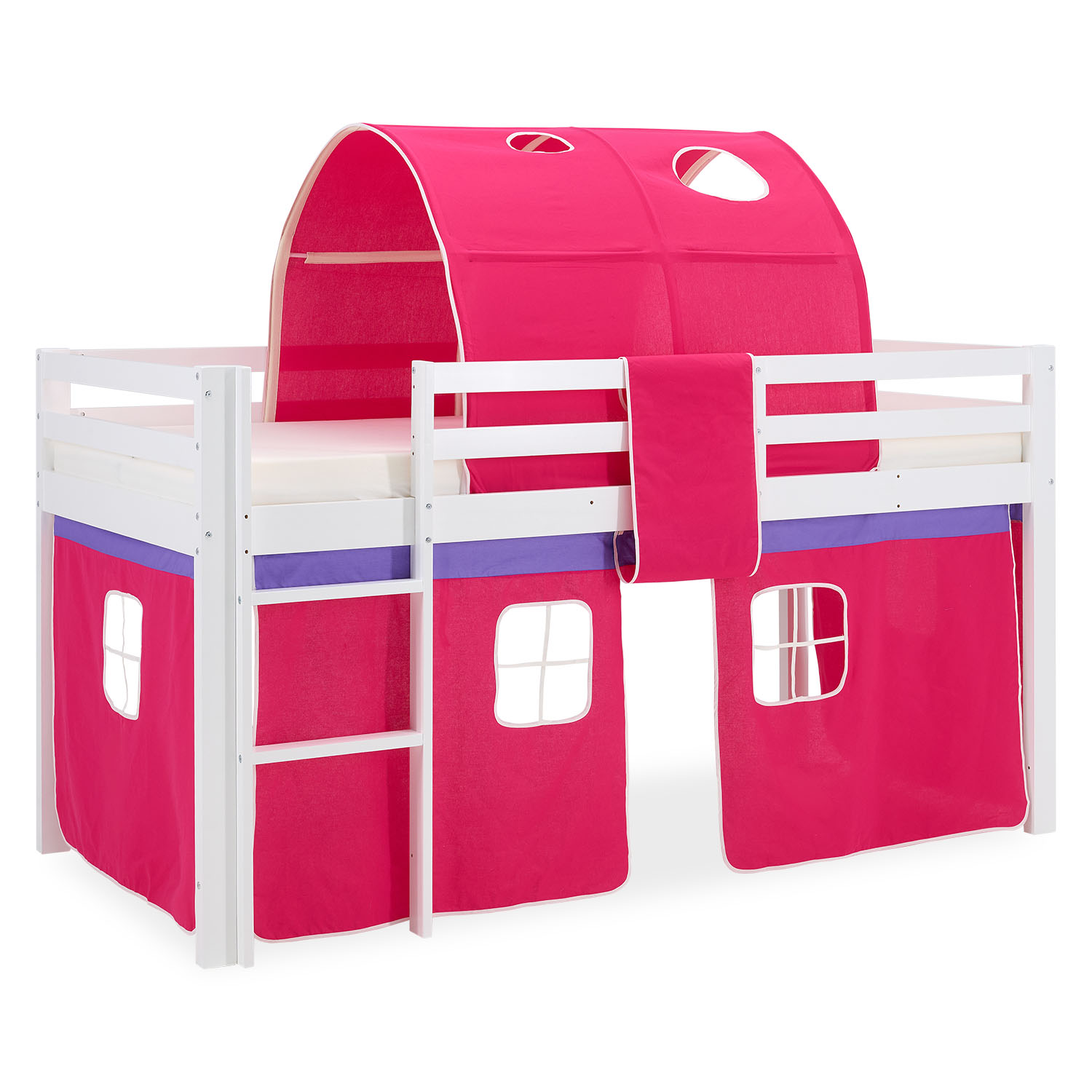 Loftbed 90x200 cm with Mattress Bunk bed Childrens bed Solid Pine Wood Slats Tunnel Curtain Pink