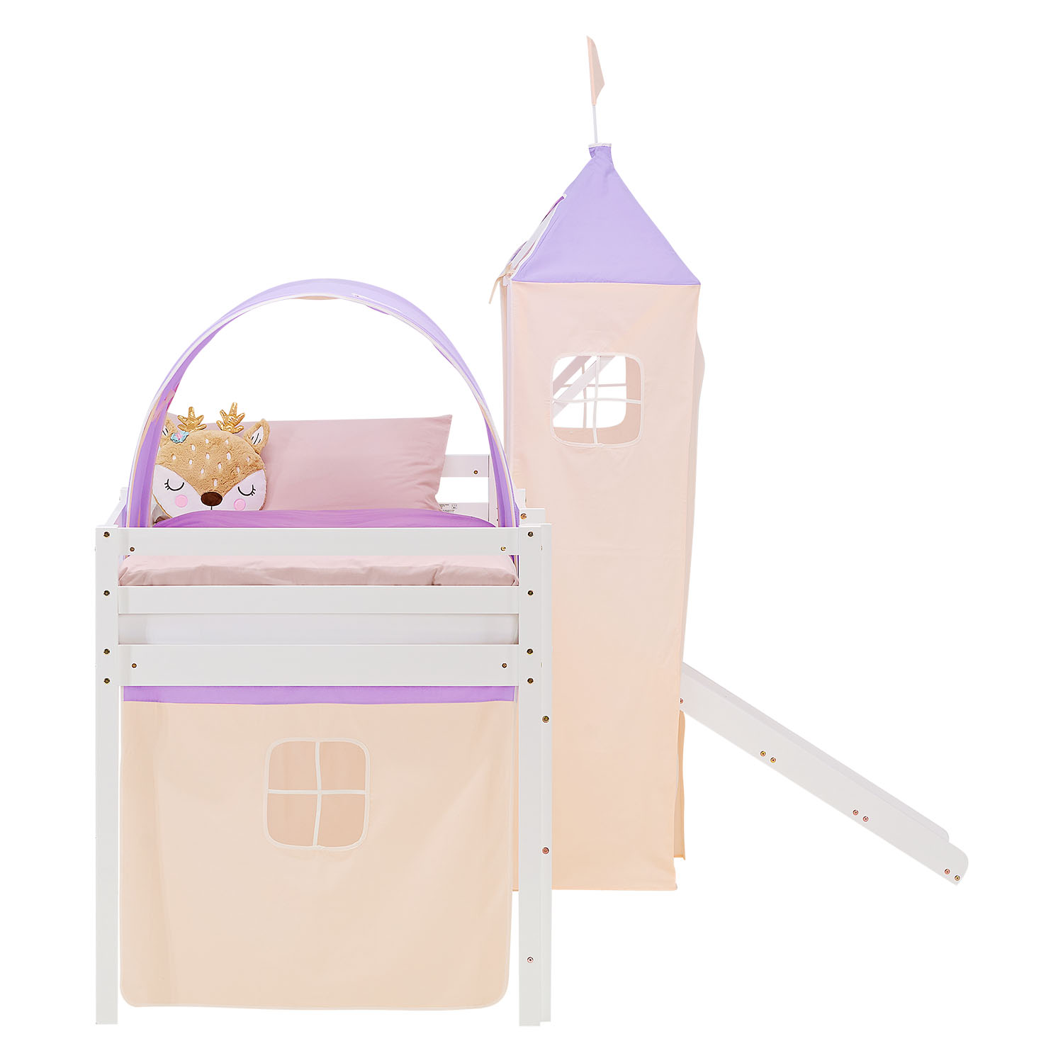 Loft Bed for Kids 90x200 cm White with Curtain in Lilac Beige | Slide | Tower | Tunnel | with Slatted Frame and Mattress