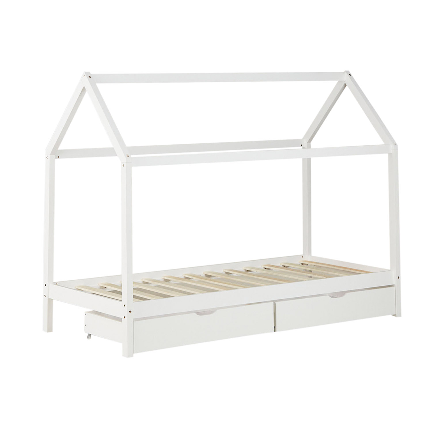 Children's Bed 90x200 cm White | House Bed with Drawers | Single Bed | with Slatted Frame | Wood