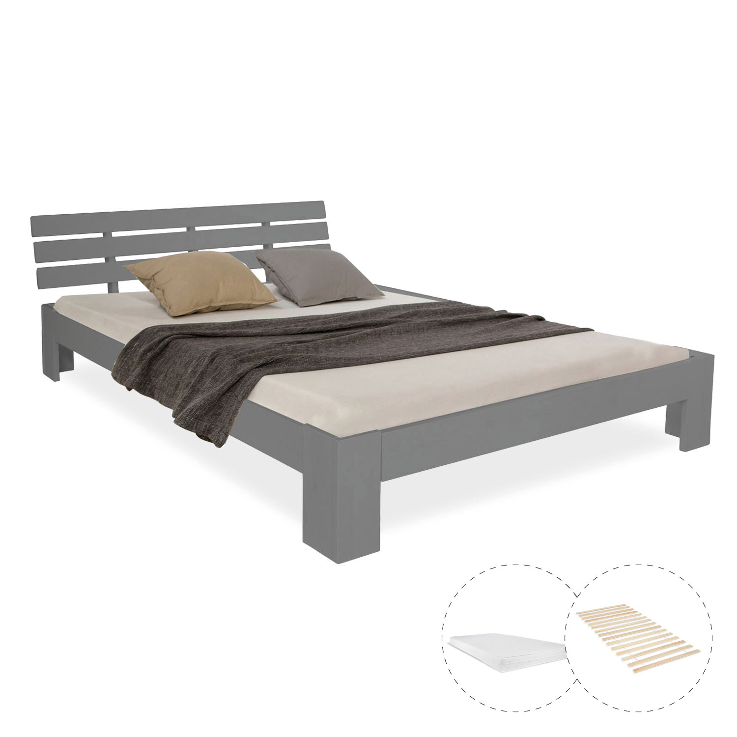 Solid Pine Wood Bed, 140x200 cm – Double Bed with Mattress and Slatted Base