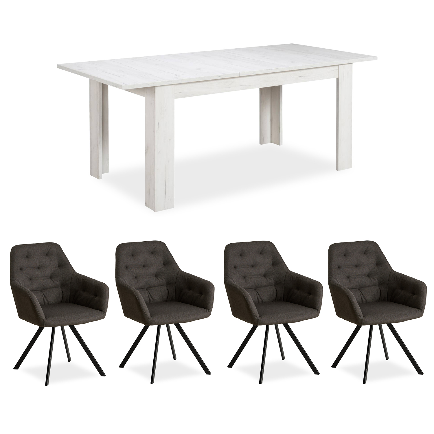 Dining set | 4-piece set upholstered chairs anthracite with armrest | non-swivel | dining table white vintage 160 x 90 cm | extendable 200 cm