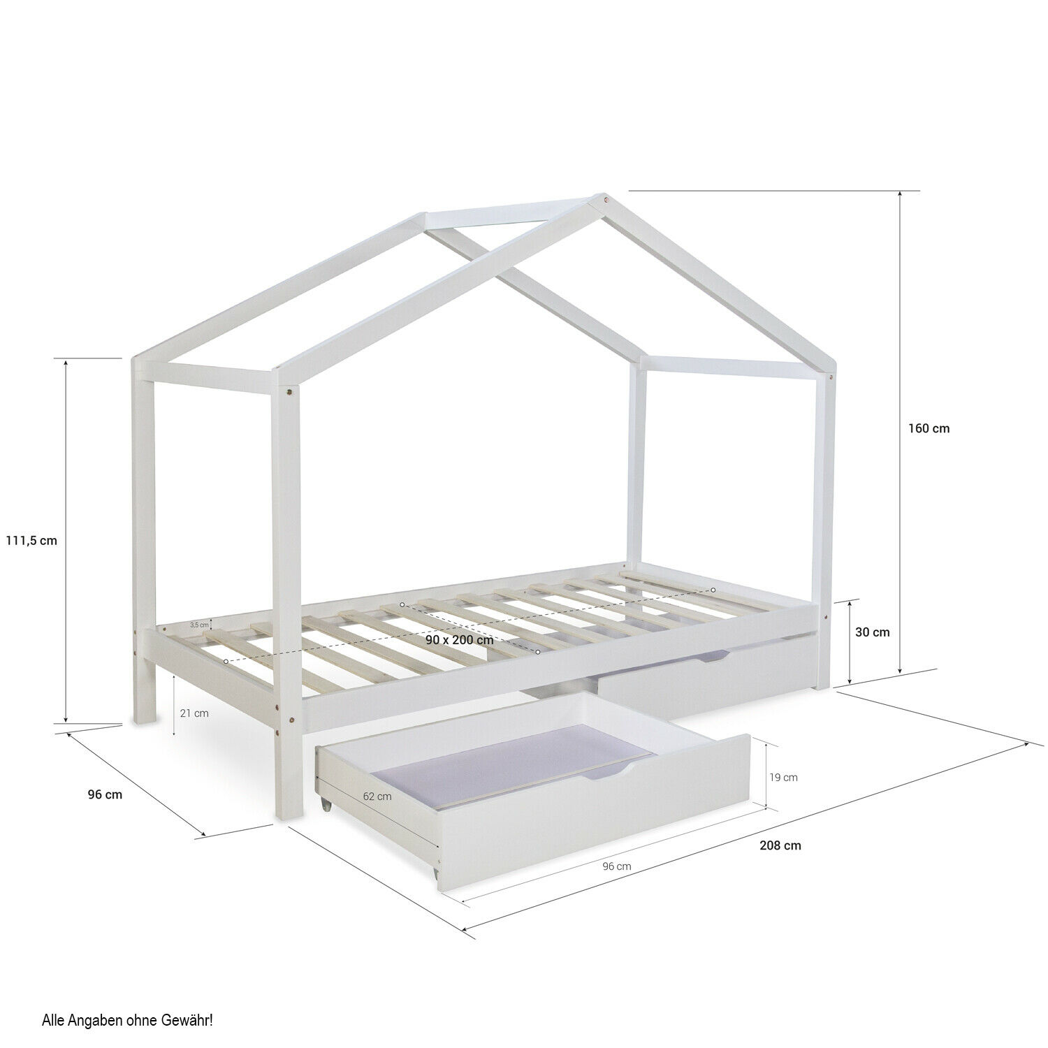 Children's Bed 90x200 cm Gray | House Bed with Drawers | Single Bed | with Slatted Frame | Wood