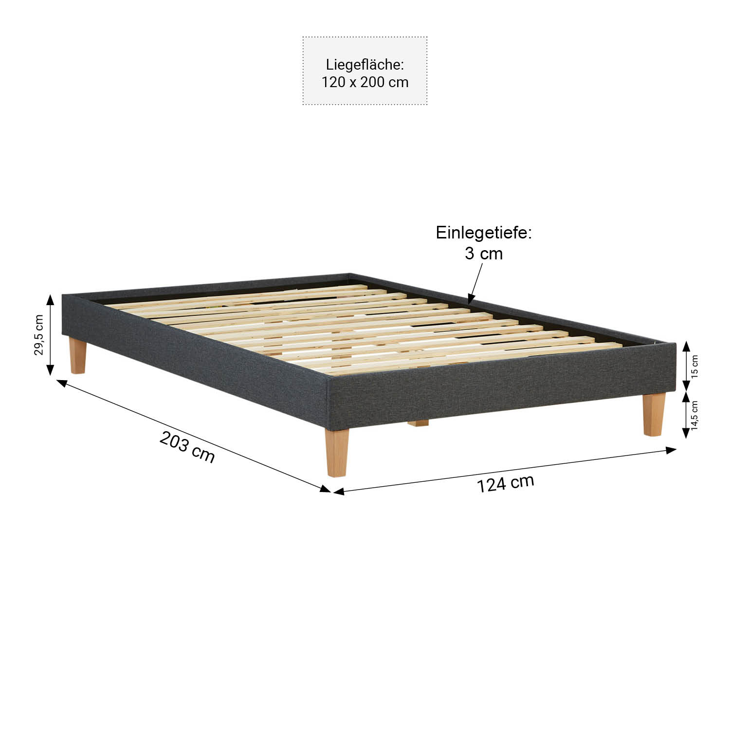 Upholstered Bed Frame Double Bed 120 x 200 cm Grey Futon Bed Platform Bed Fabric