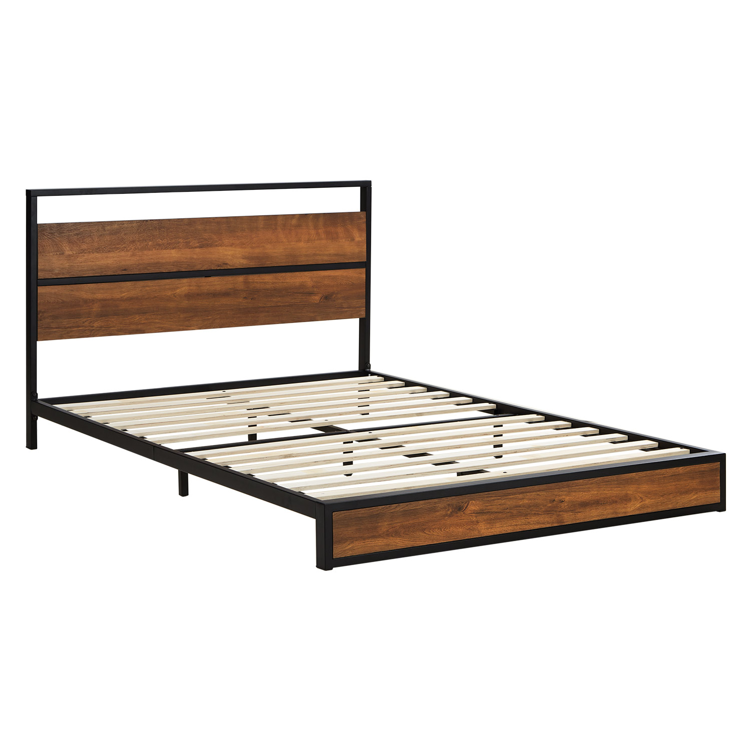 Solid Metal Bed with Mattress 140x200 cm Slatts Double Bed Black Futon Bed Wood Brown Platform Bed Frame Guest Bed 