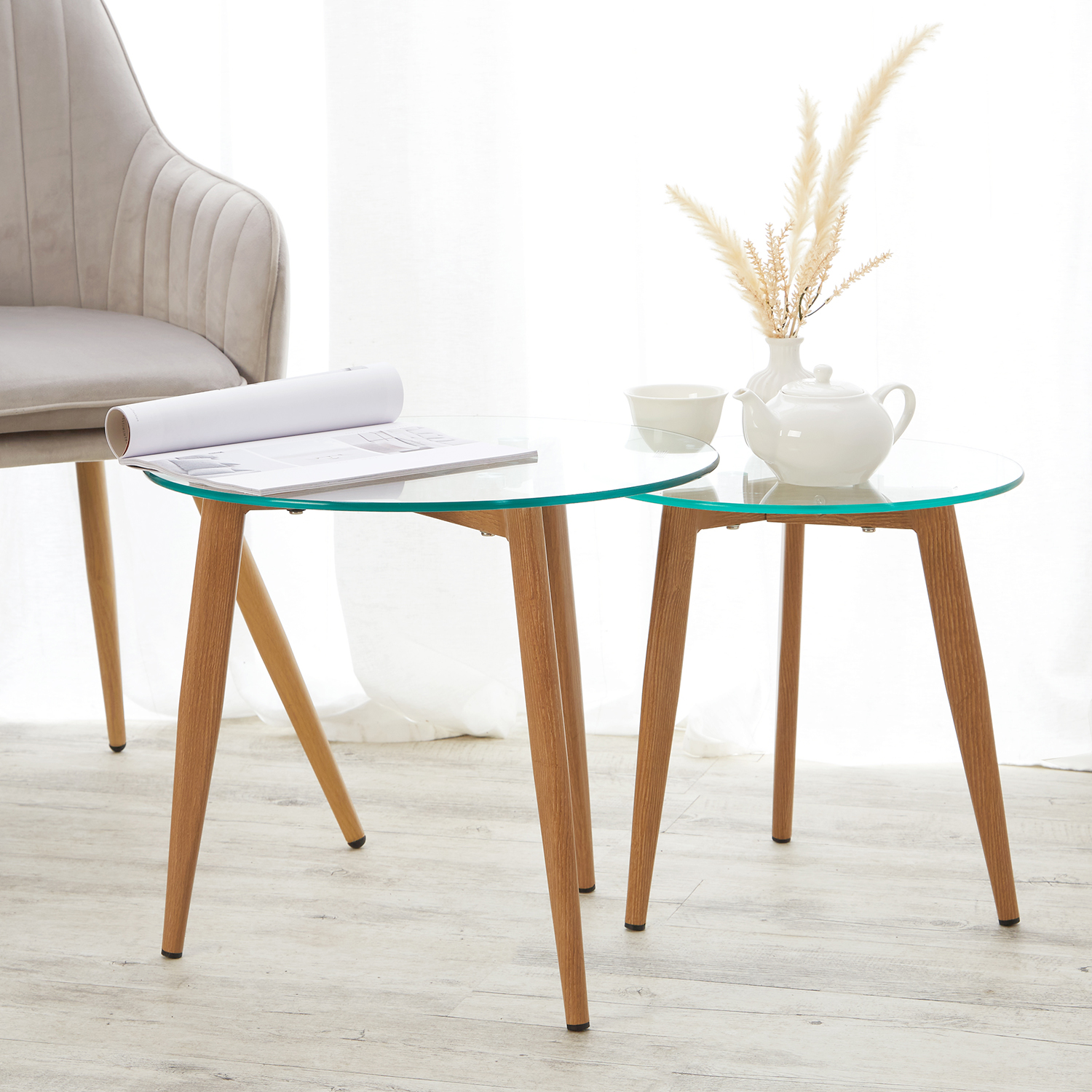 Round Coffee table Side table Set of 2 Living room tables Glass Cocktail table Small table