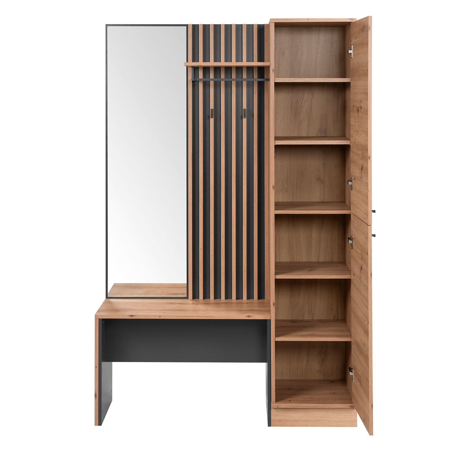 Industrial Look Wardrobe with Bench Hallway Furniture Mirror Hall Unit Hallway Wardrobe Oak Wood 3D Wall Panel Entryway Coat Rack