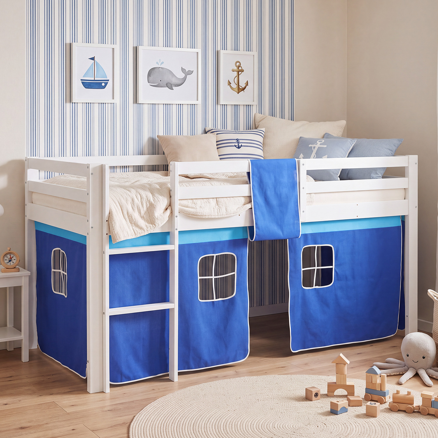 Children's Loft Bed 90x200 cm White with Blue Curtain | Includes Slatted Base | Includes Mattress