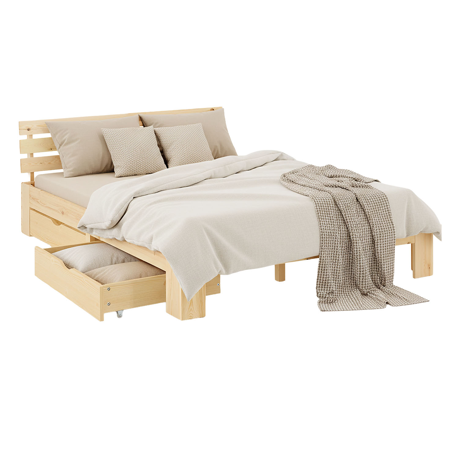 Wood Bed 120x200 cm Natural | Double Bed | with 2 Drawers | Solid | Kids Youth Guest Bedroom