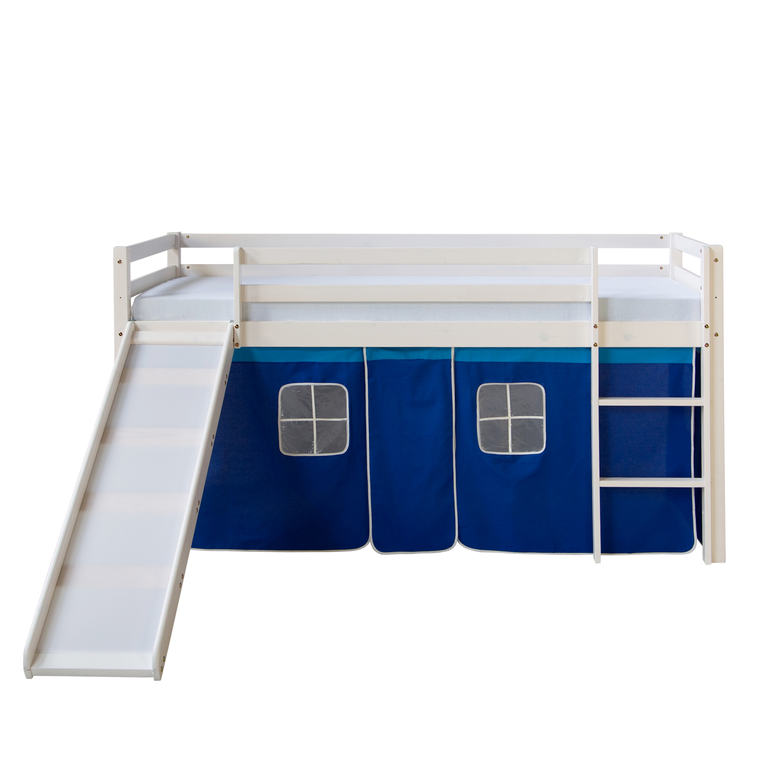 Loft Bed Kids 90x200 cm White with Curtain in Blue | Slide | with Slatted Frame
