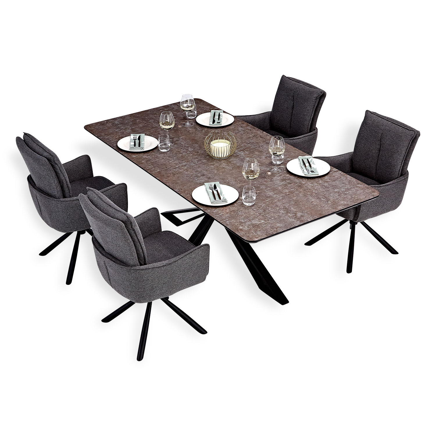 Dining set | 4-piece set upholstered chairs anthracite with armrest | swivel | dining table brown metal frame 200 x 100 cm