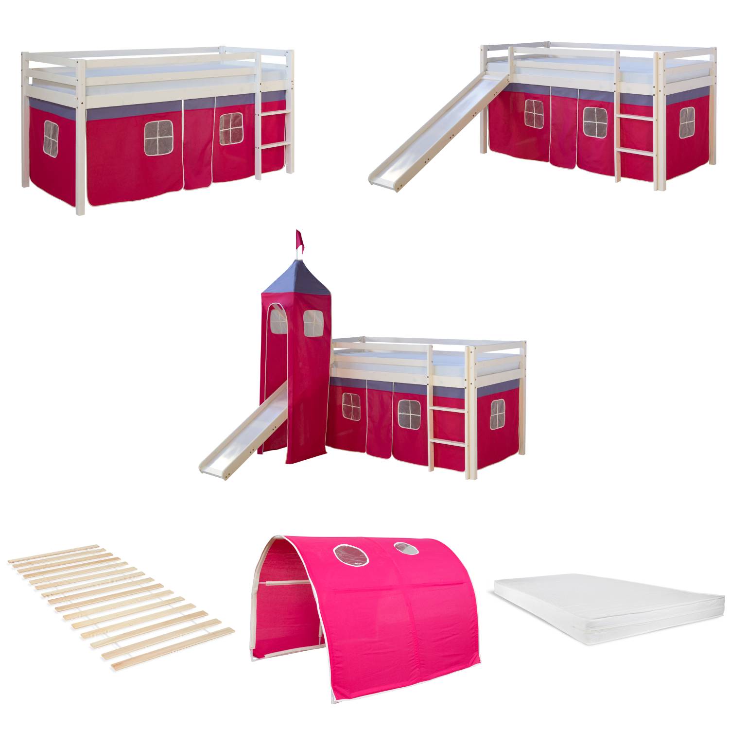 Loftbed 90x200 cm Bunk bed Childrens bed Solid Pine Wood Tower Tunnel Curtain Pink Slide Mattress Slats