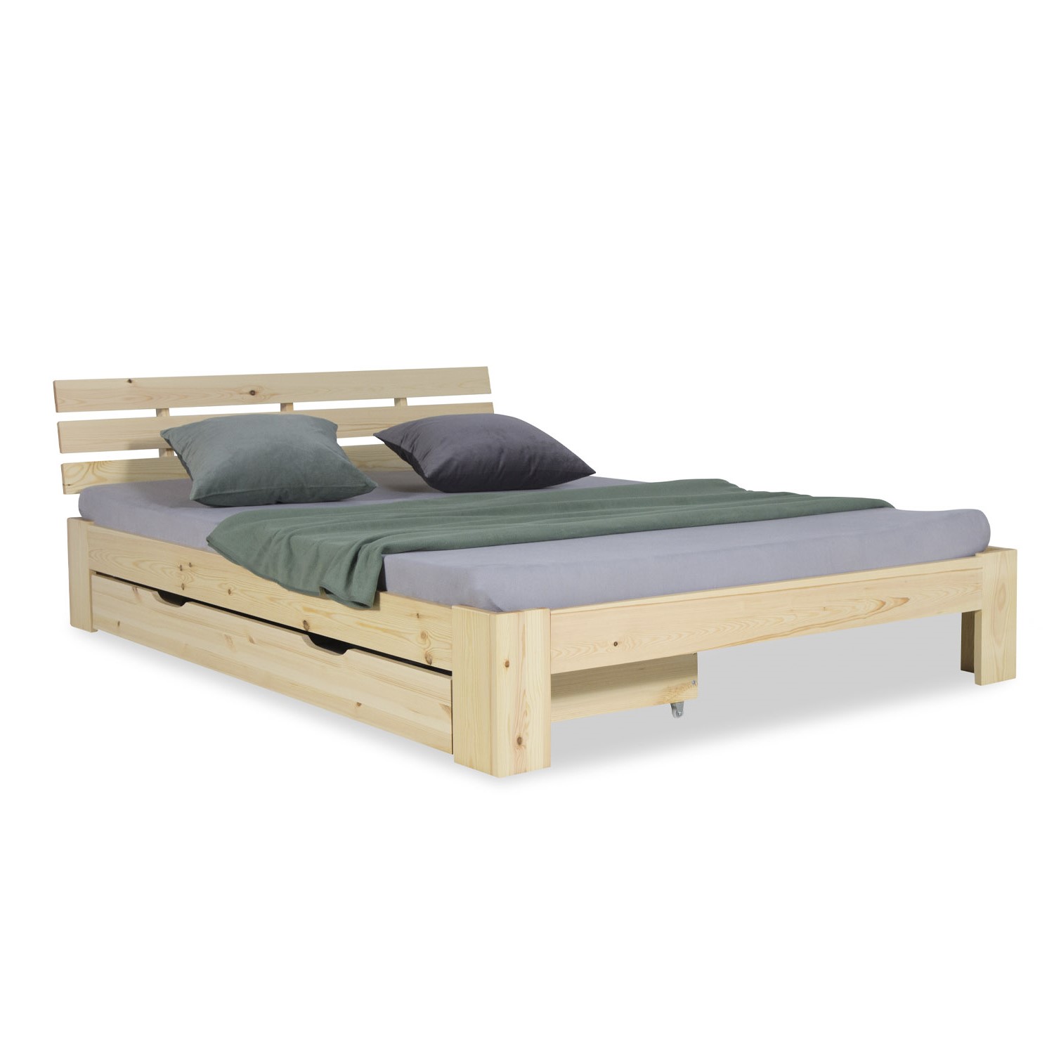Wood Bed 140x200 cm Natural | Double Bed with Storage Drawer | with Slatted Frame | Solid | Kids Youth Guest Bedroom