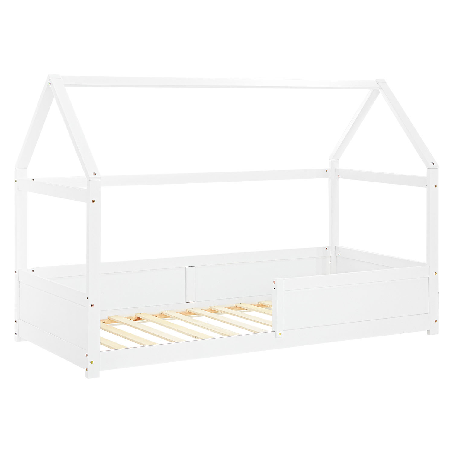 Children's Bed 90x200 cm White with Mattress | House Bed with Fall Protection | Montessori | Single Bed | with Slatted Frame | Wood