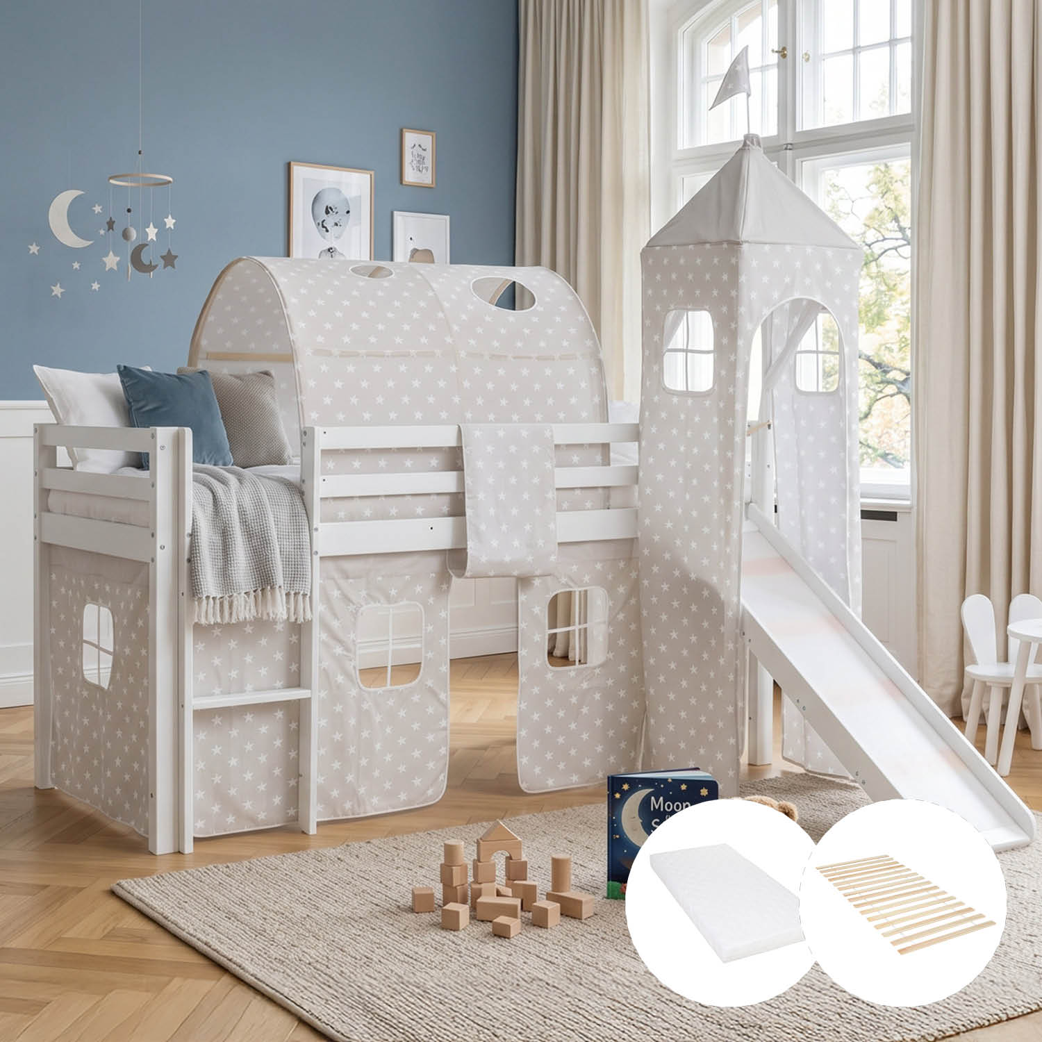 Children's Loft Bed 90x200 cm White with Star Curtain | Tunnel | Tower | Slide | Includes Slatted Base | Includes Mattress