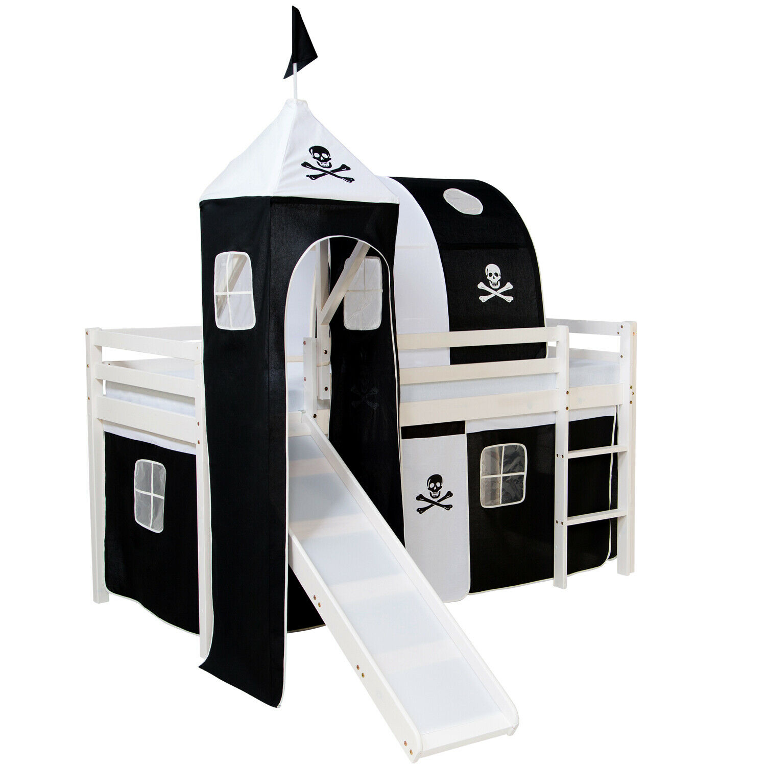 Loft Bed Kids 90x200 cm White with Curtain Black | Tunnel | Tower | Slide | without Slatted Frame