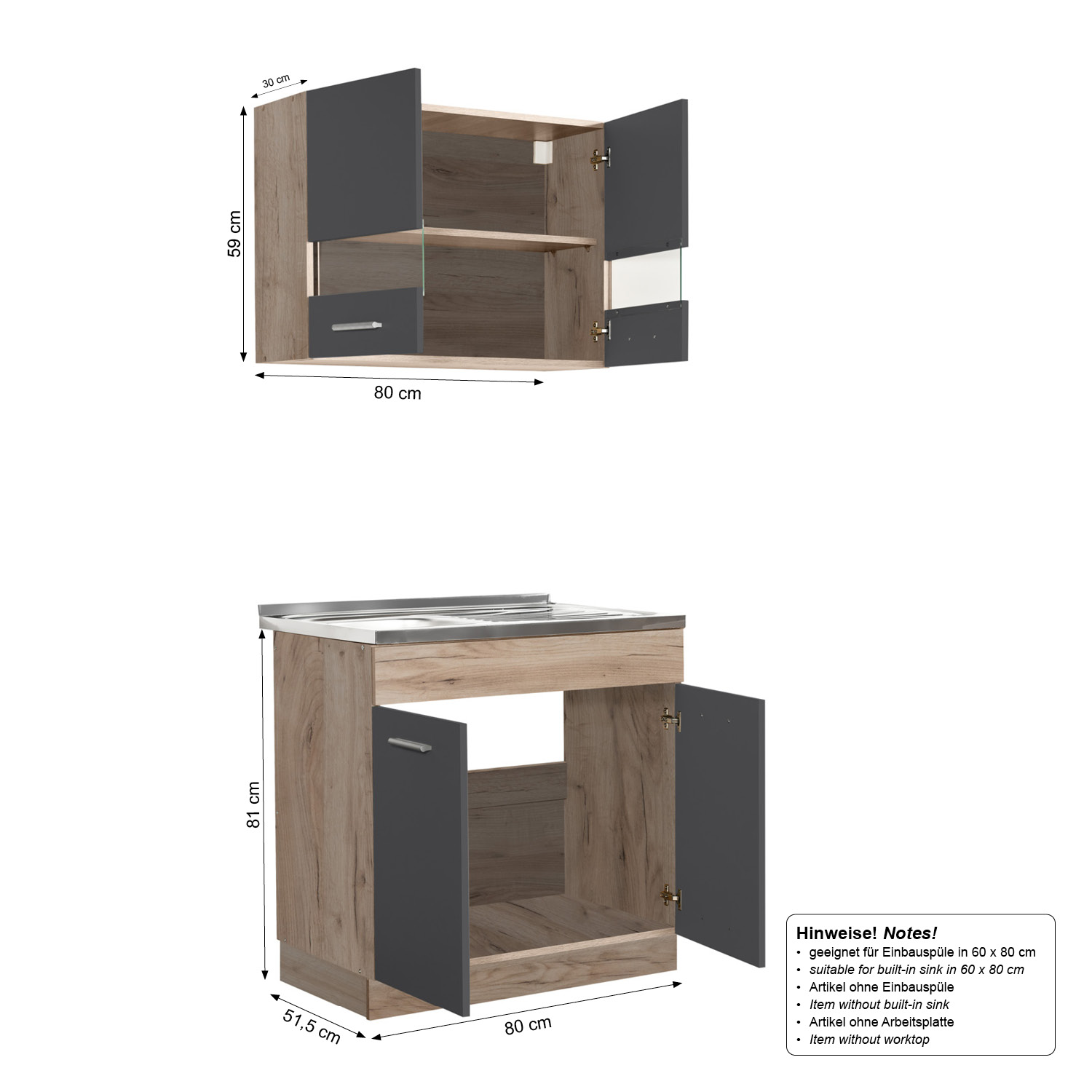Kitchen Unit without Appliances 80 cm Gray | Oak | Single Kitchen | Mini Kitchen | Kitchen Element
