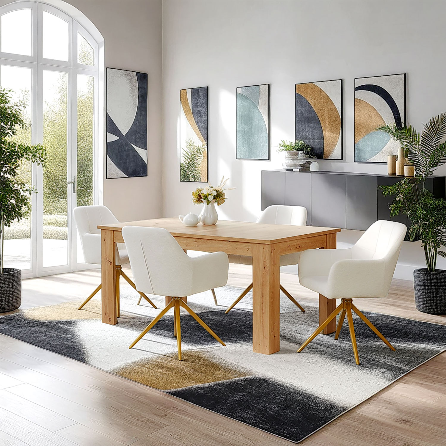 Essgruppe Eiche 160–200 cm mit 4 Bouclé-Drehstühlen beige