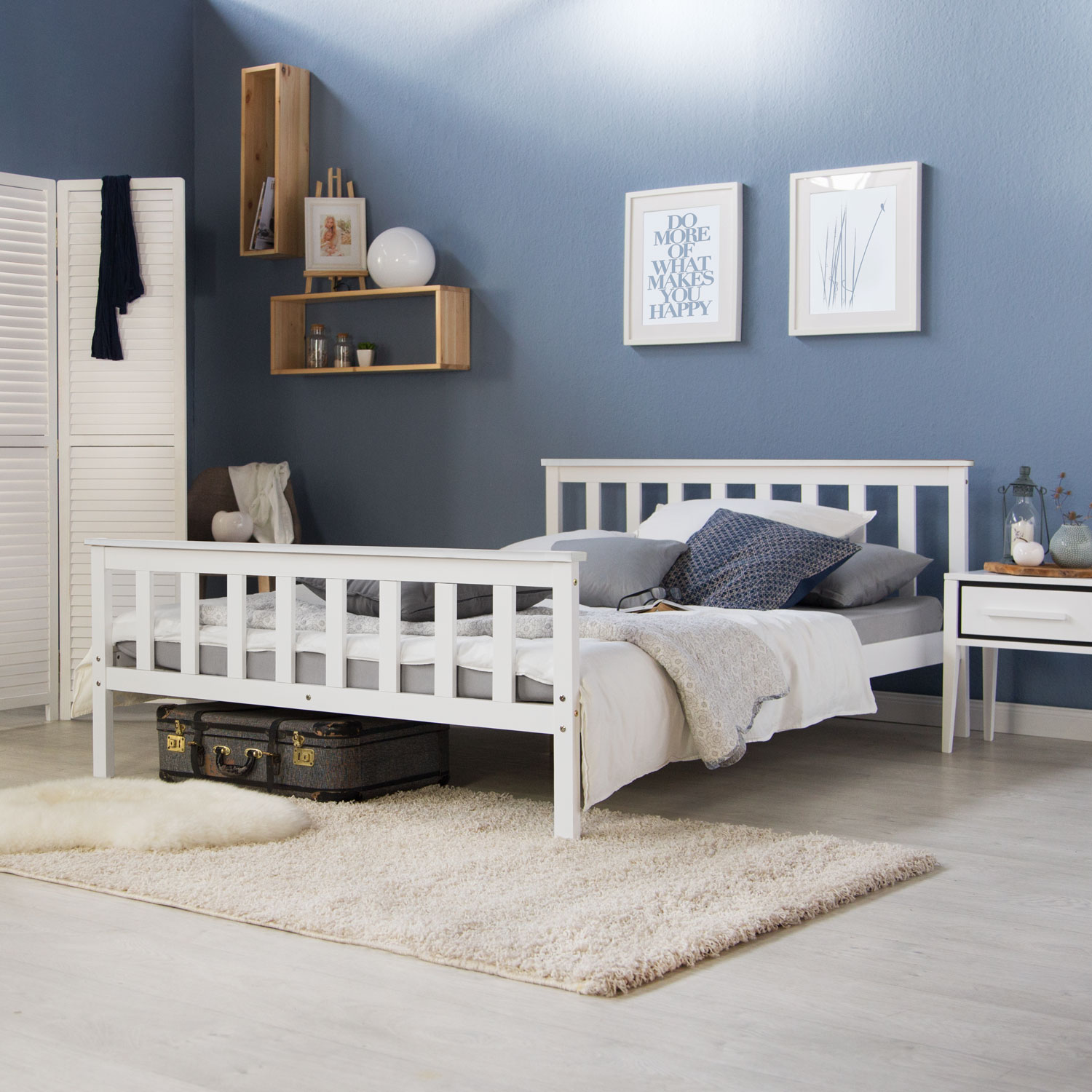 Wood Bed 140x200 cm White | Double Bed | with Slatted Frame | Solid | Kids Youth Guest Bedroom