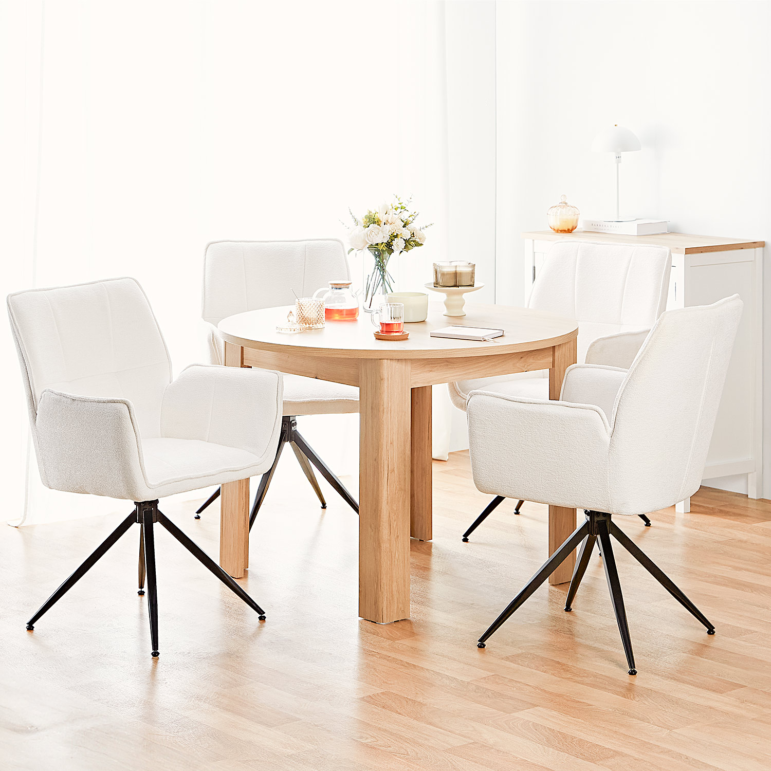 Modern Dining Table Round Kitchen Table Ø 106 cm Wooden Table Oak White 4 Seater
