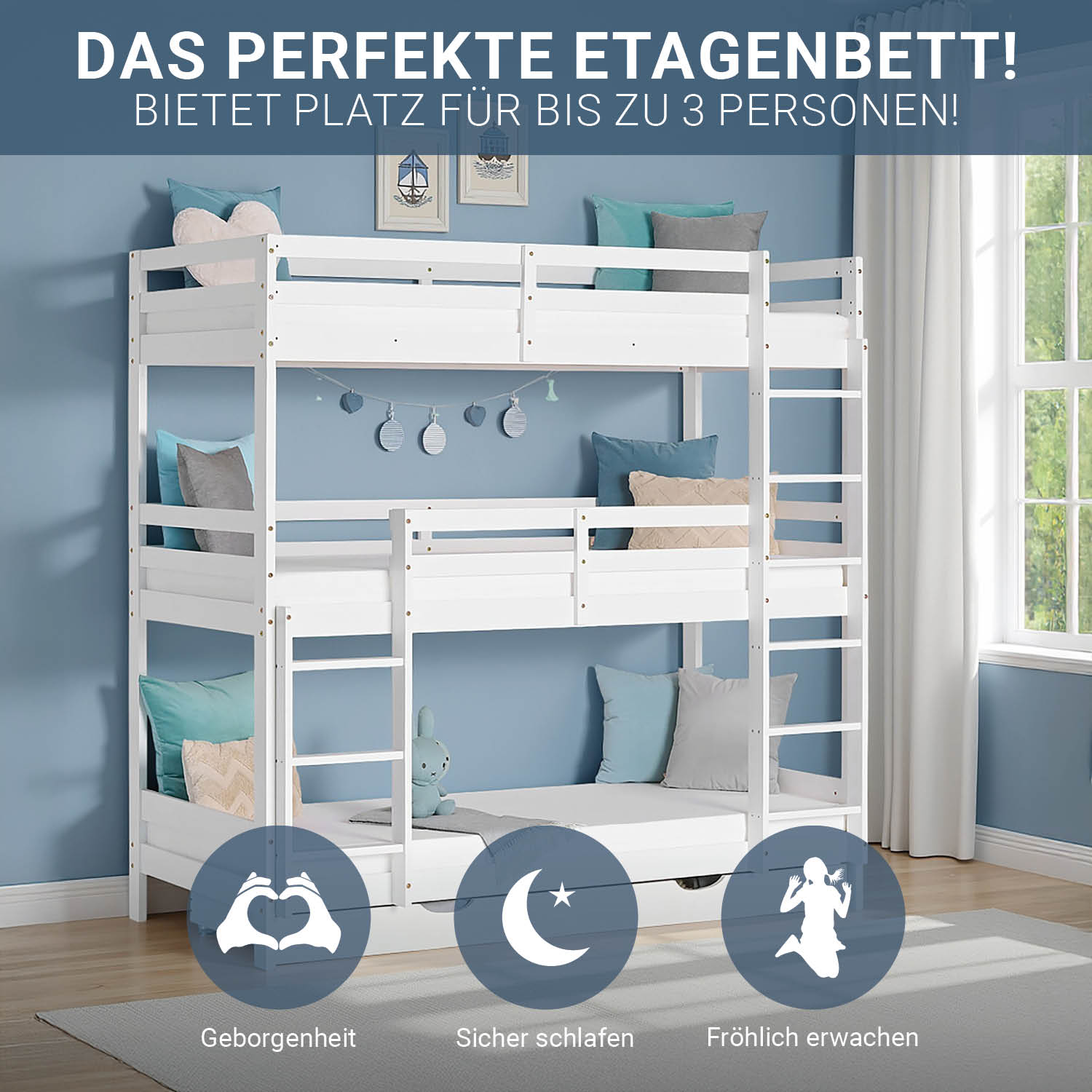 Triple Bunk Bed 90x200 with Mattresses Children´s Bed High Sleeper Cot White Wood Loft Bed Kids Bed
