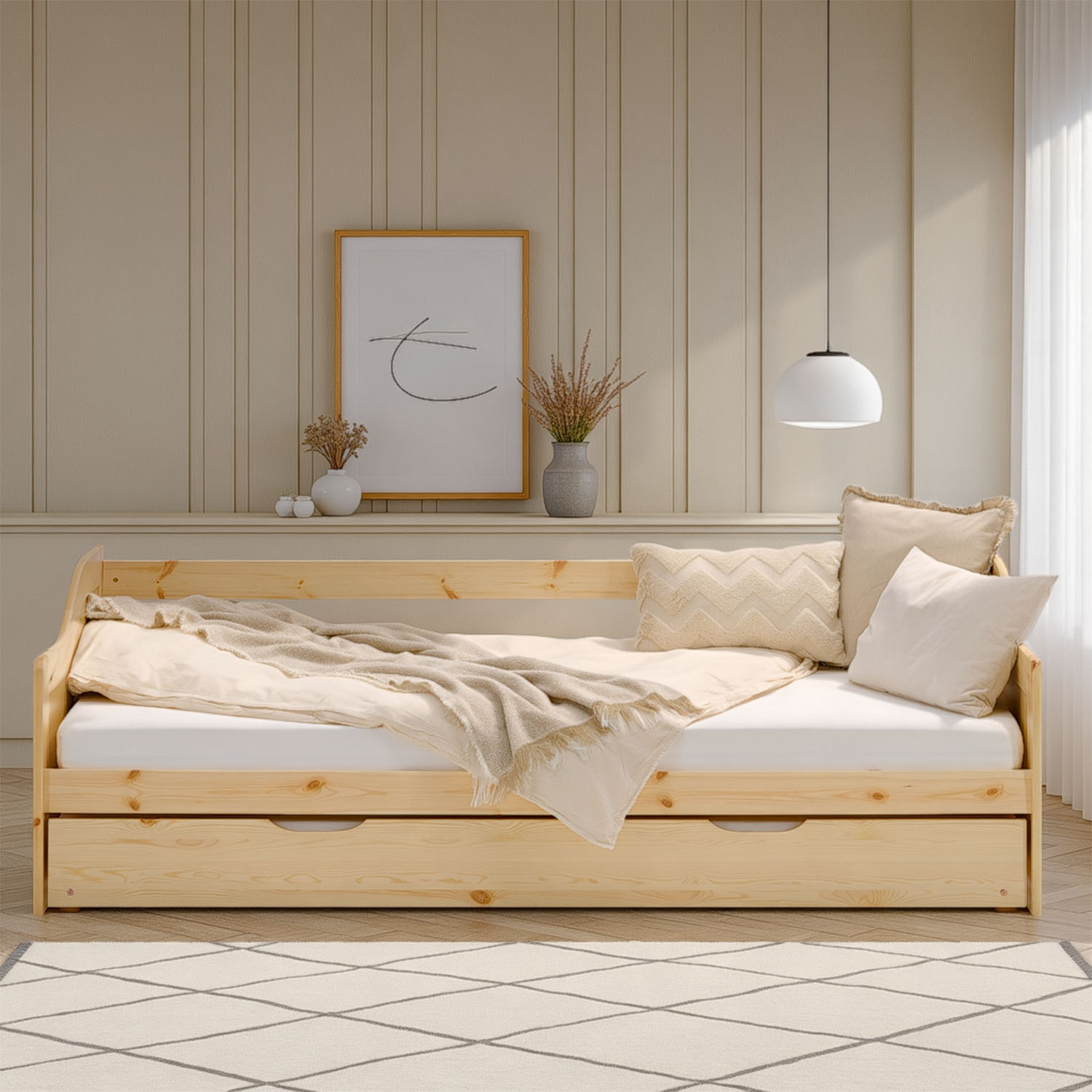Wood Bed 90x200 cm Natural | Extendable | Cabin Bed | with Mattress | Kids Youth Guest Bedroom