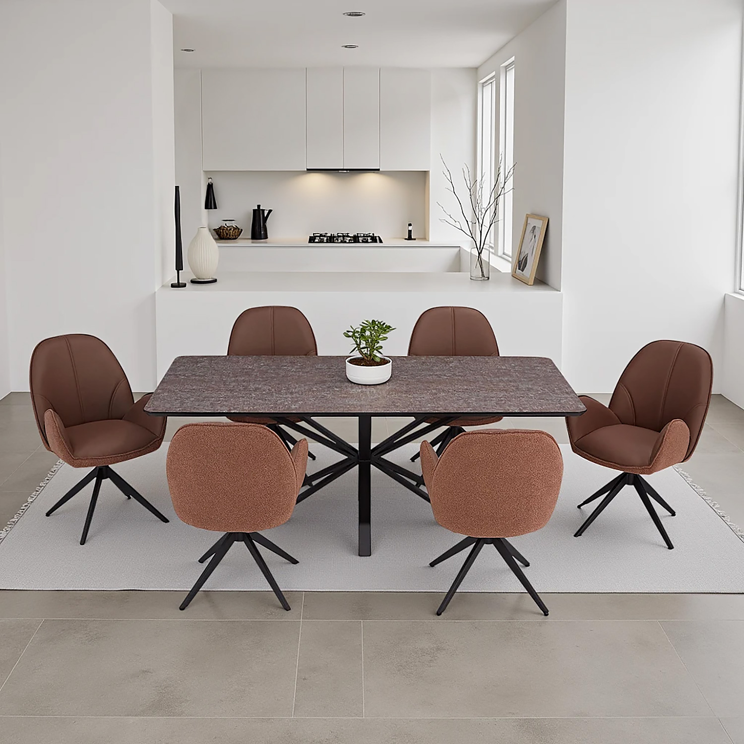 Dining set | 6-piece set upholstered chairs brown bouclé Leder with armrest | swivel | dining table brown metal frame 200 x 100 cm