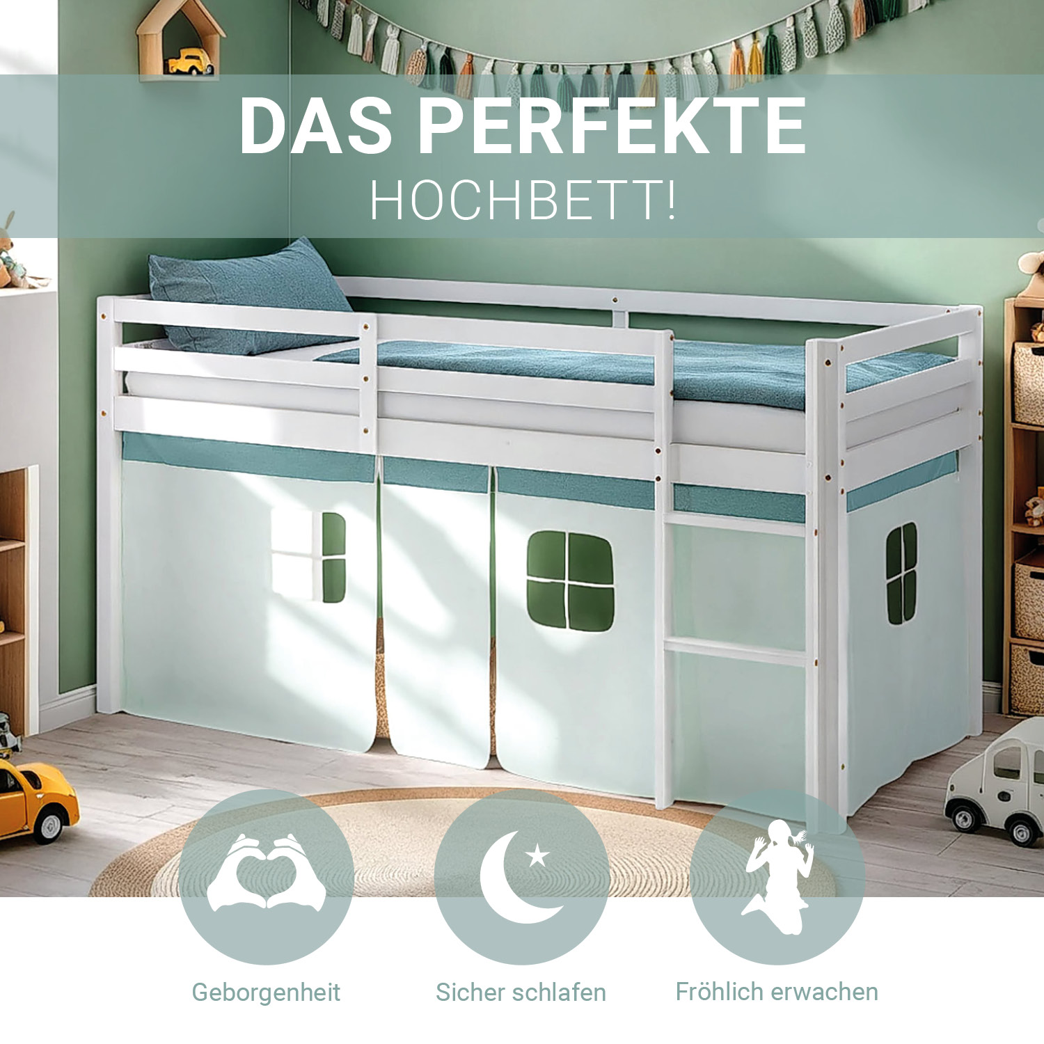 Hochbett Kinder 90x200 cm Kinderbett Kinderhochbett Stockbett Tunnel Vorhang Turm Mint Grün Rutsche Holz Massiv Lattenrost Matratze