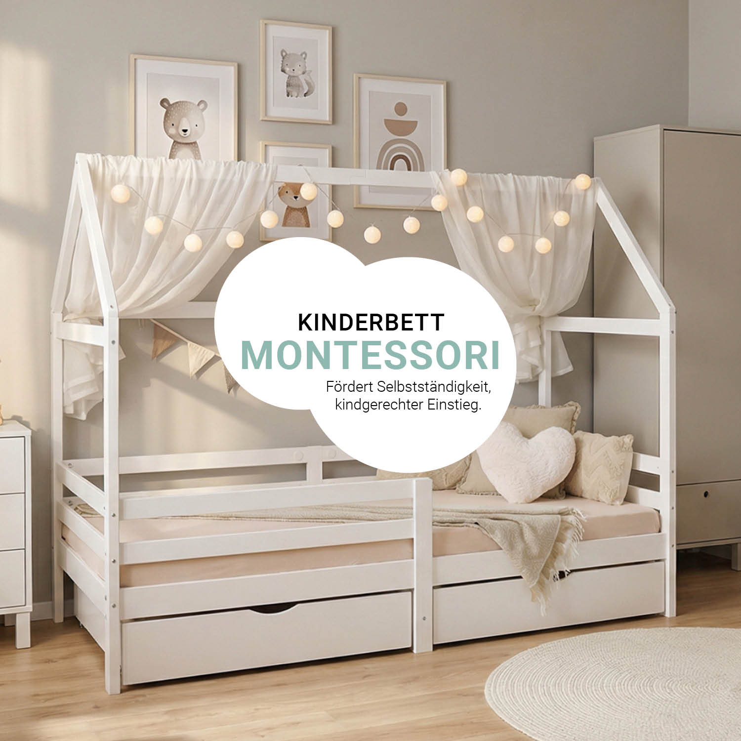 Children's Bed 90x200 cm White | House Bed with Fall Protection and Bed Drawer | Montessori | Single Bed | with Slatted Frame | Wood